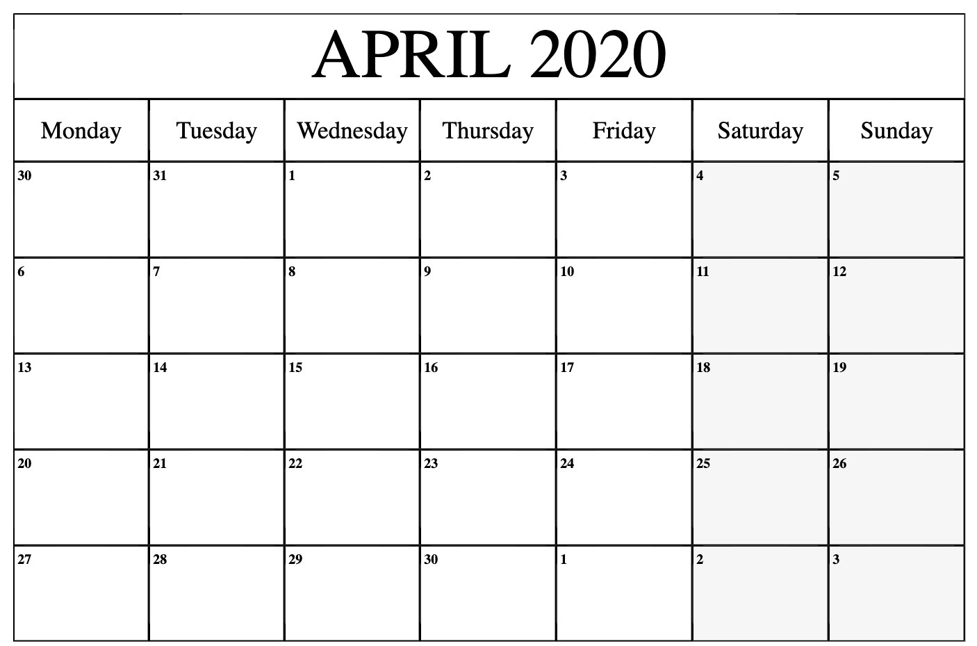 Free Printable April 2020 Calendar Template Pdf, Word, Excel