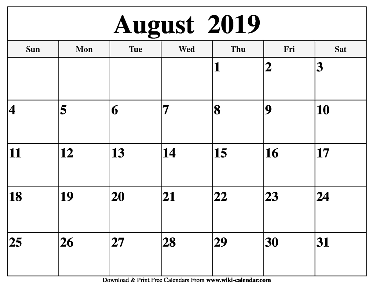 Free Printable August 2019 Calendar