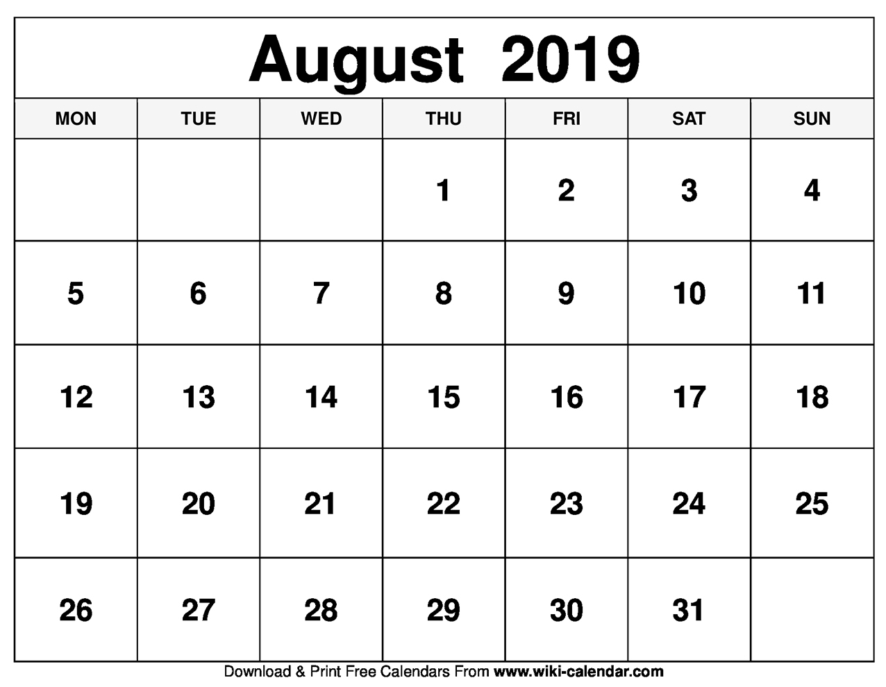 Free Printable August 2019 Calendar