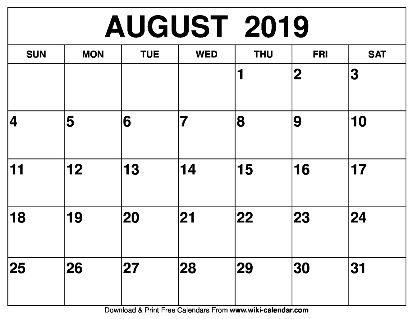 Free Printable August 2019 Calendar