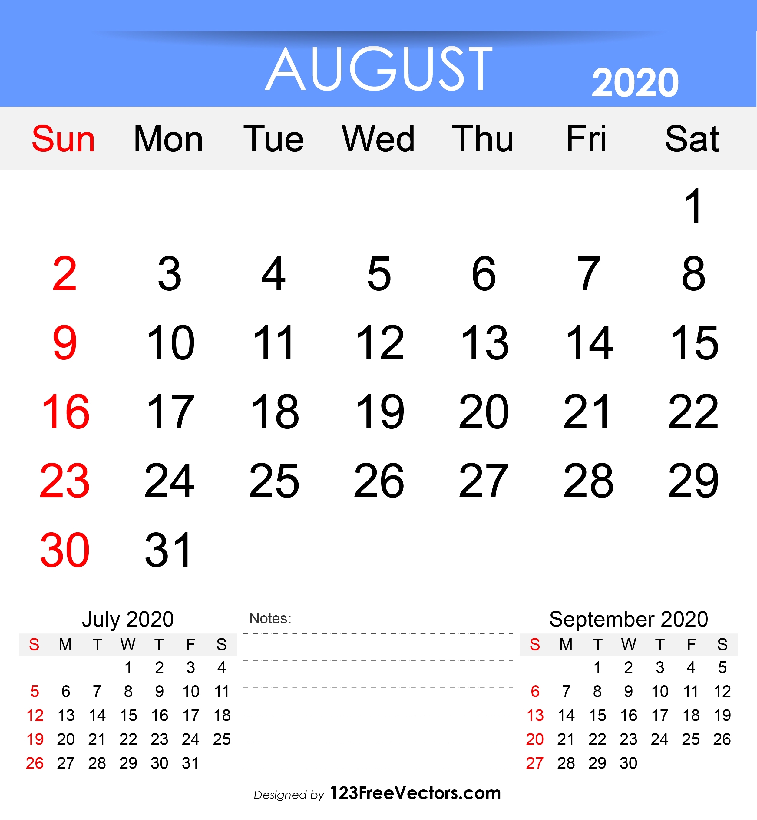 Free Printable August 2020 Calendar