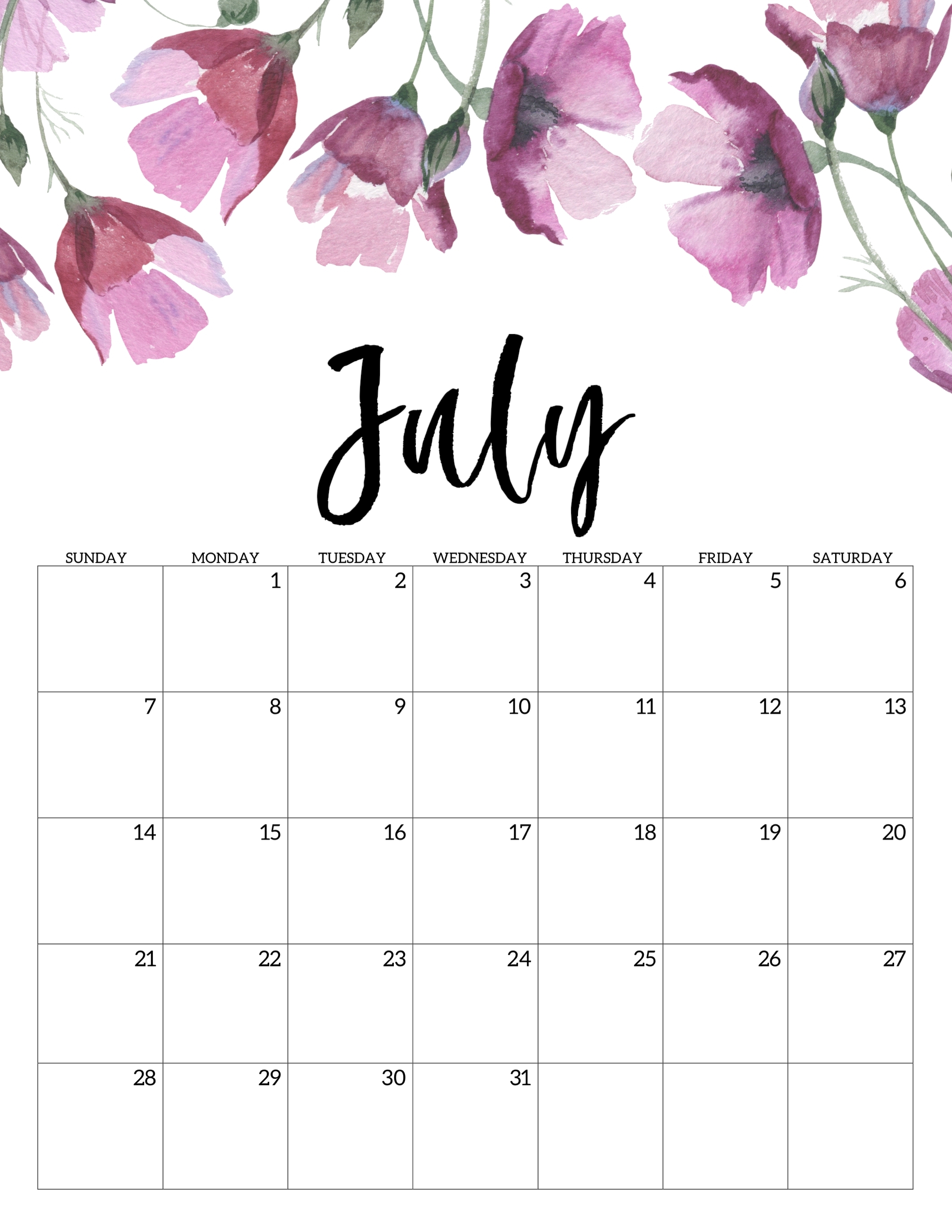 Free Printable Calendar 2019 - Floral - Paper Trail Design