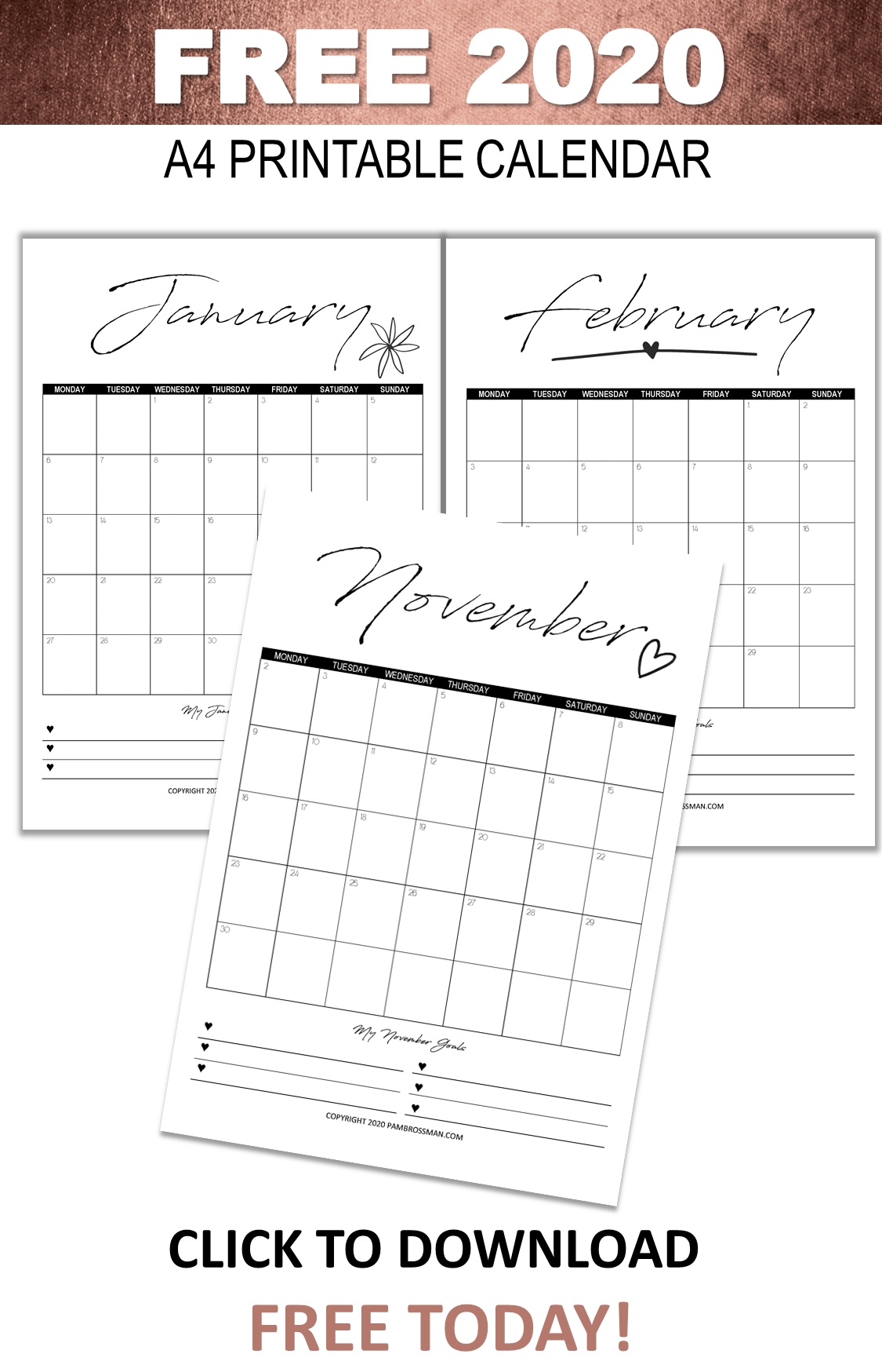 Free Printable Calendar 2020 - Pam Brossman