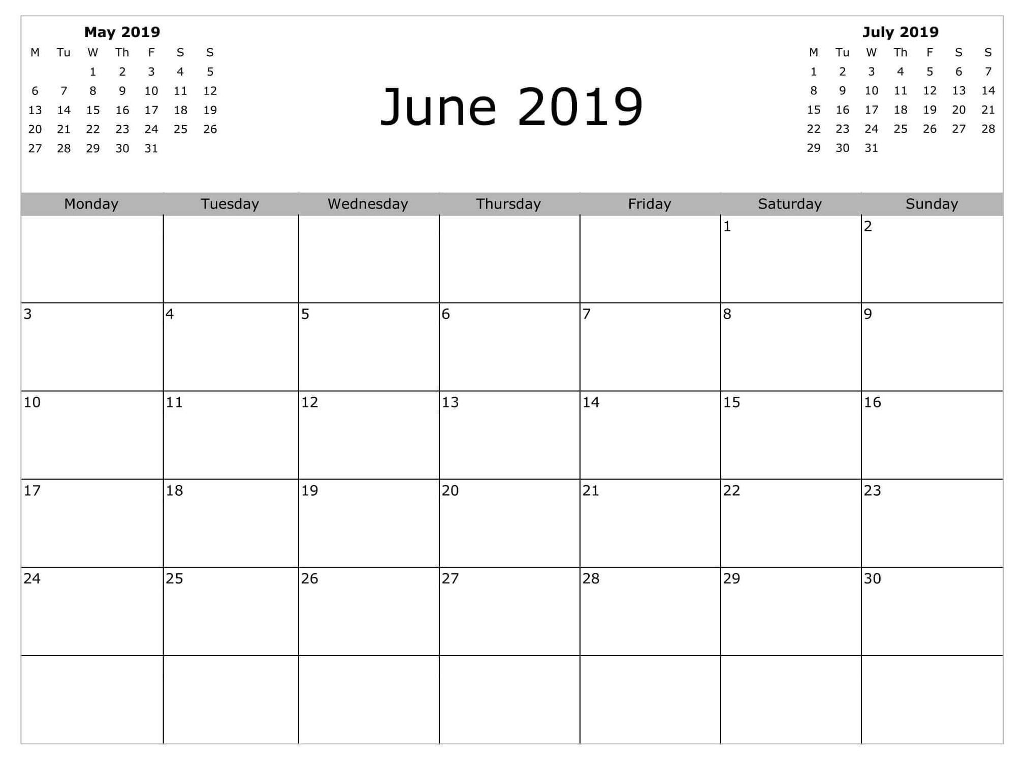 Free Printable Calendar Weekly June 2019 | Calendar Template