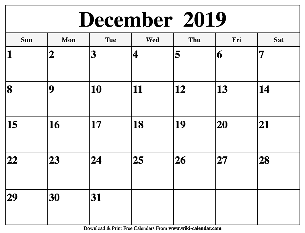 Free Printable December 2019 Calendar