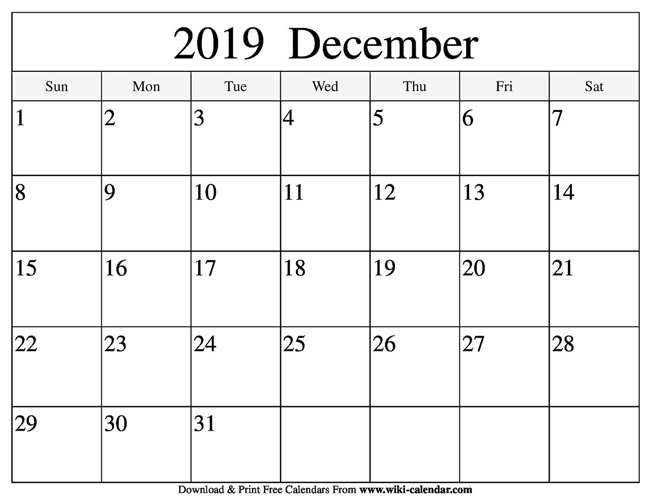 Free Printable December 2019 Calendar