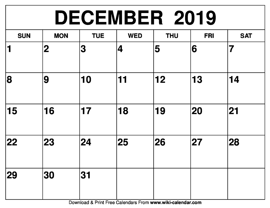 Free Printable December 2019 Calendar