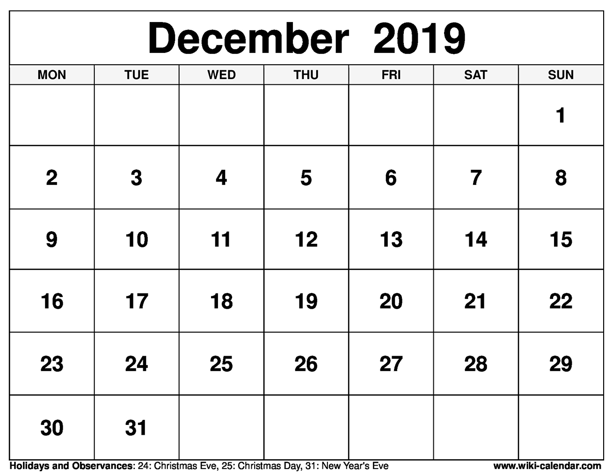 Free Printable December 2019 Calendar