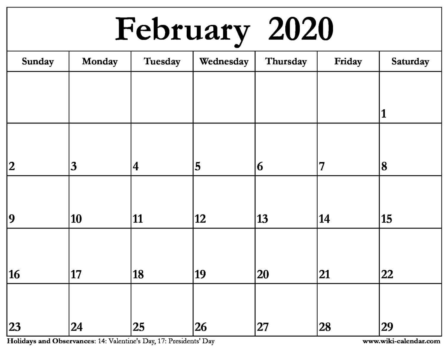 Free Printable February 2020 Calendar