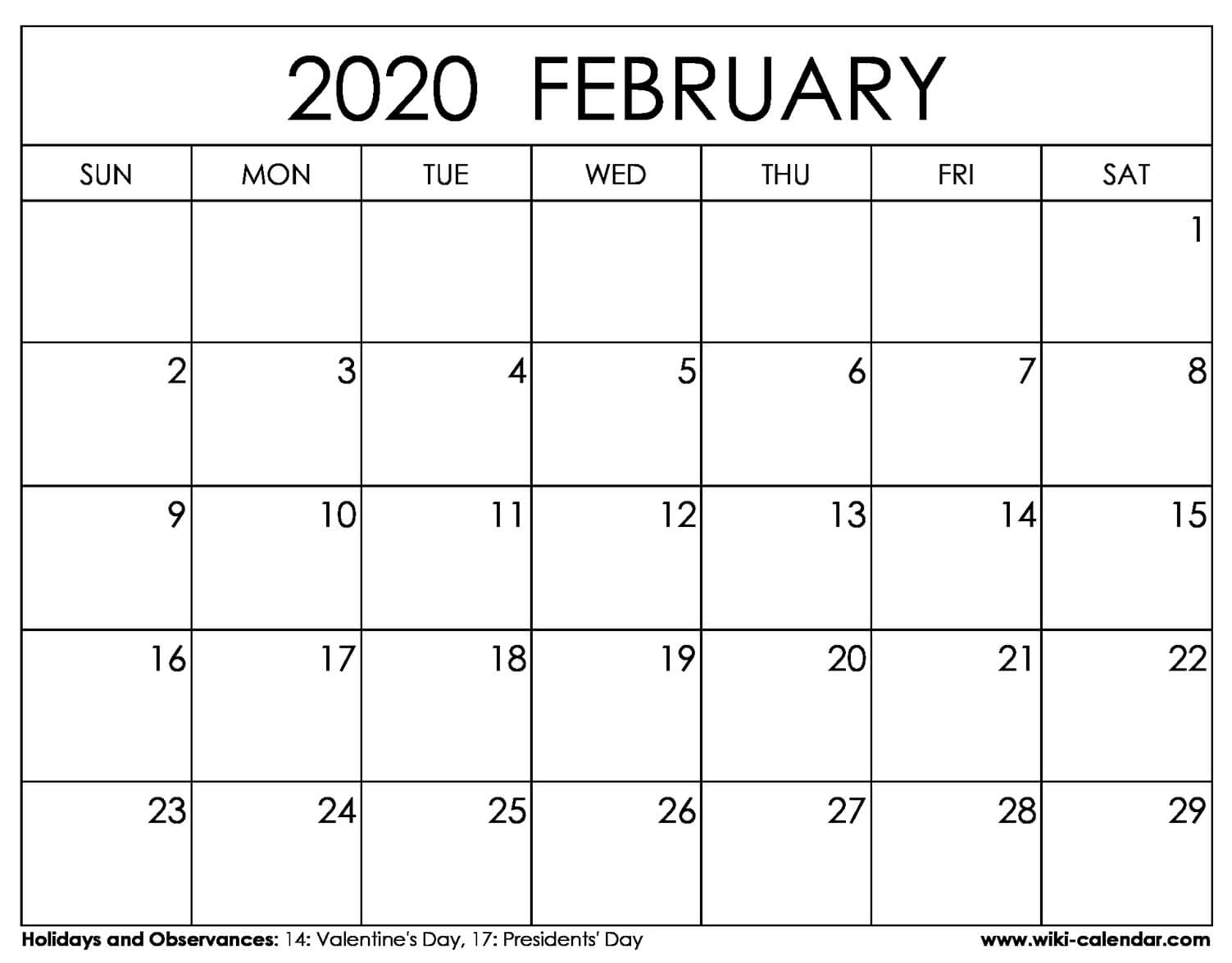 Free Printable February 2020 Calendar