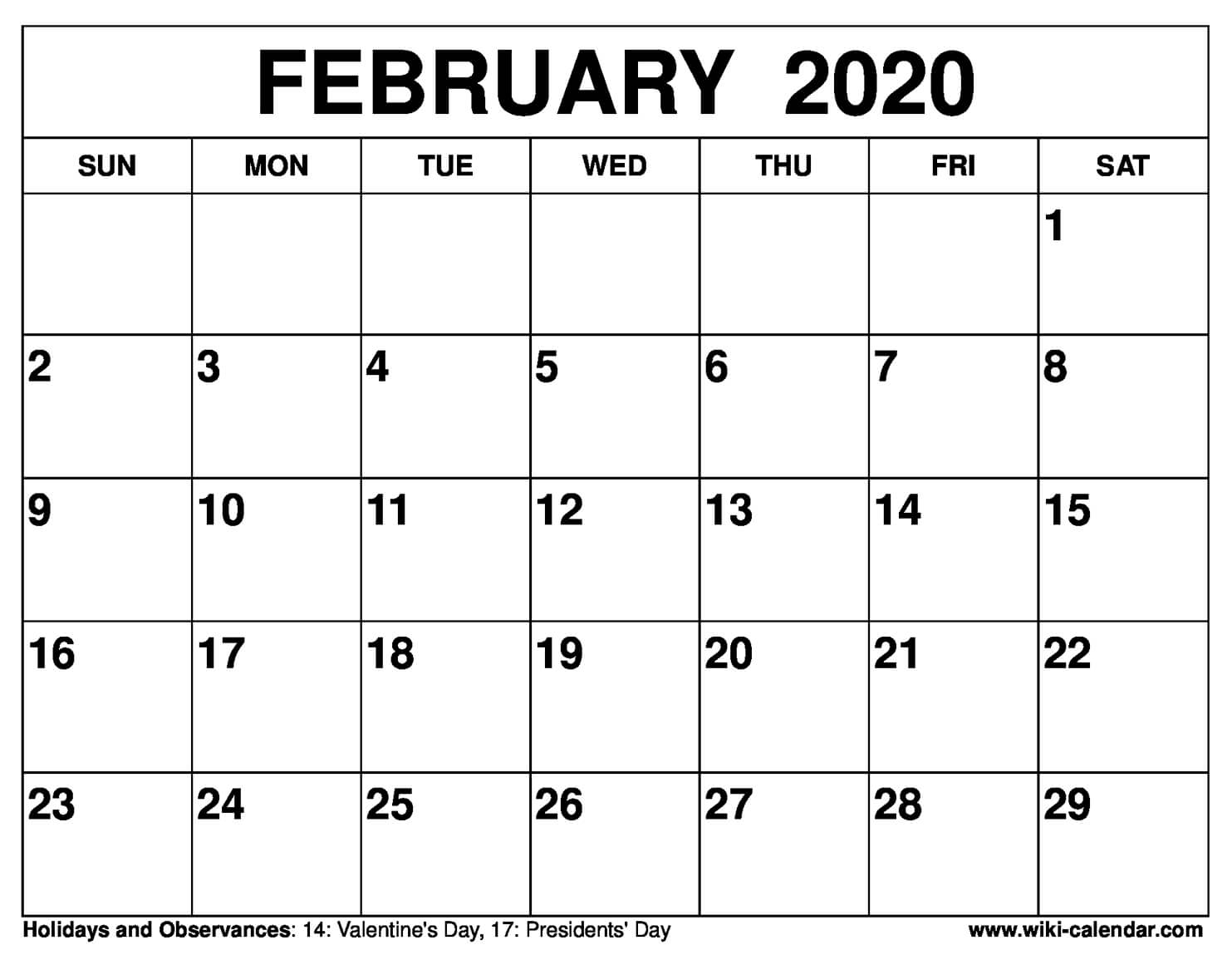 Free Printable February 2020 Calendar