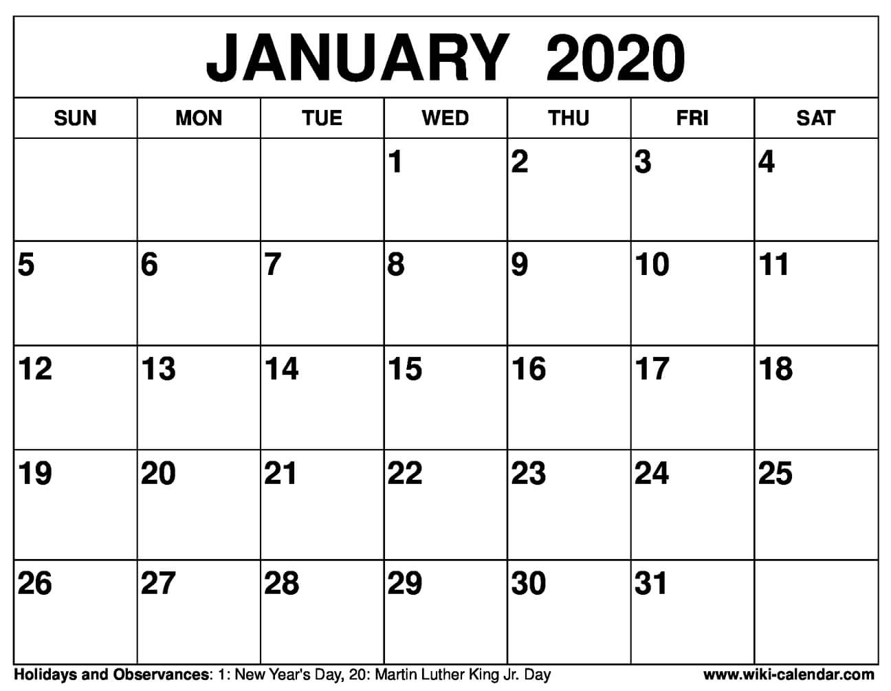 Free Printable January 2020 Calendar