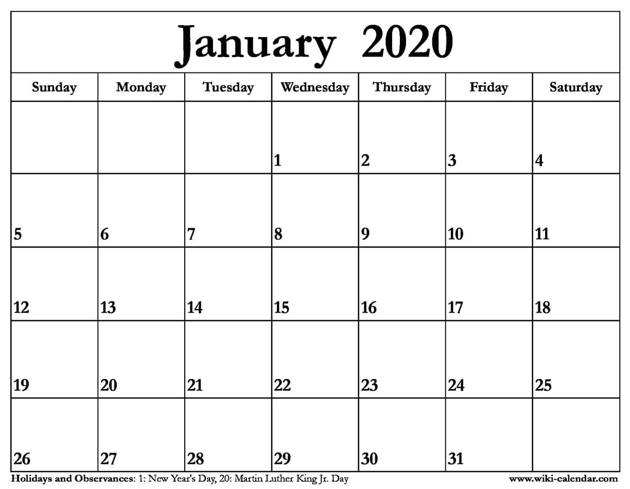 Free Printable January 2020 Calendar