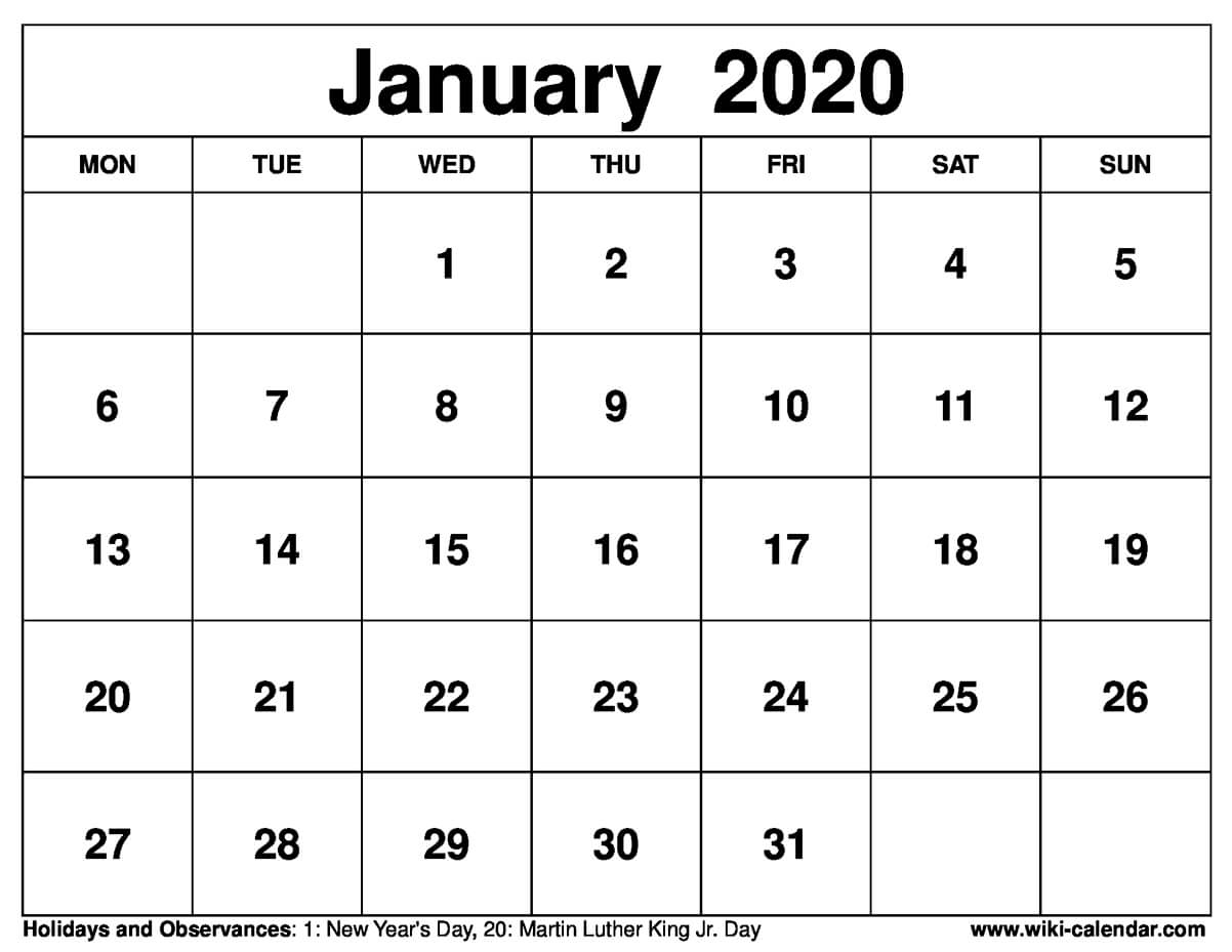 Free Printable January 2020 Calendar