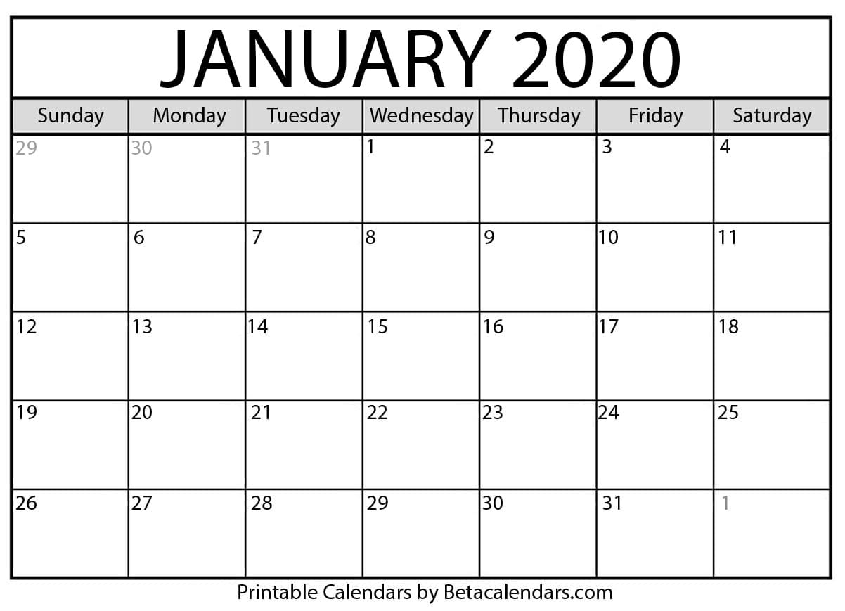 Free Printable January 2020 Calendar - Beta Calendars