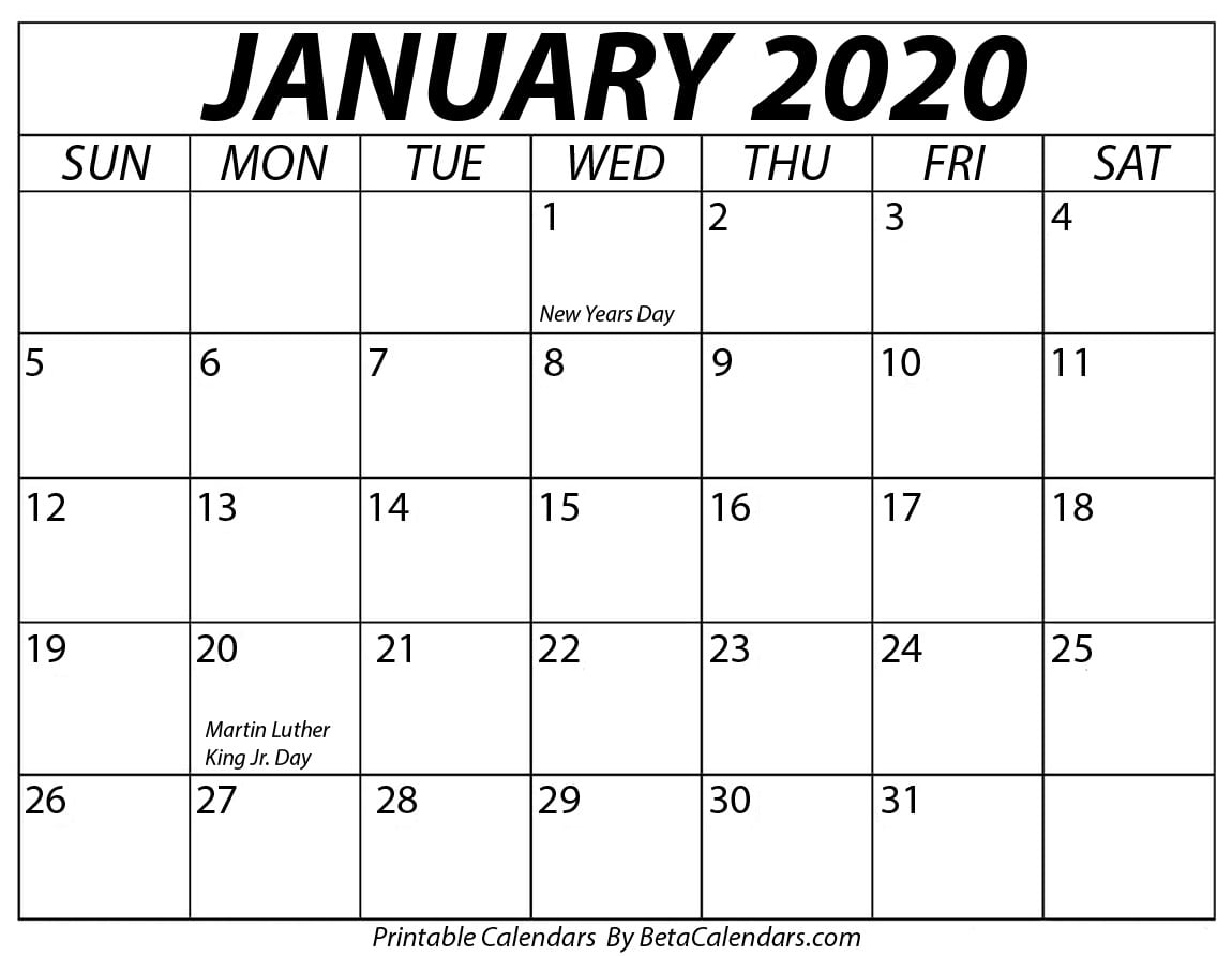 Calendar Year 2020 United States Month Calendar Printable