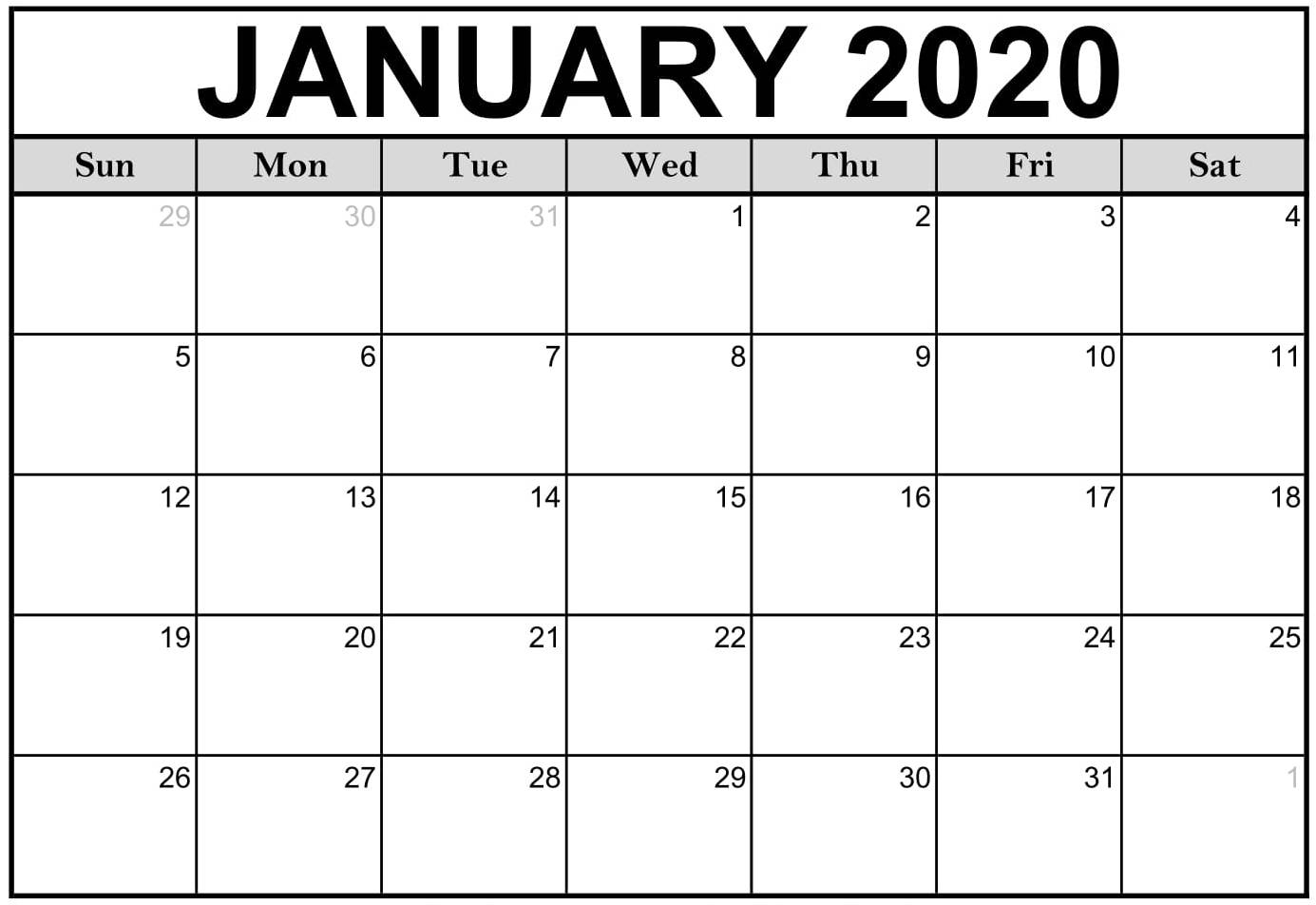 Free Printable January 2020 Calendar Editable Datesheets