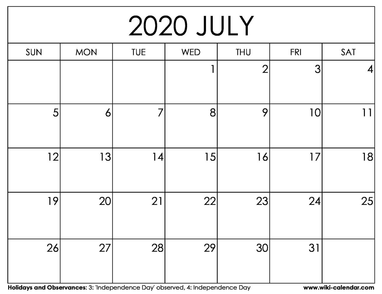 Free Printable July 2020 Calendar