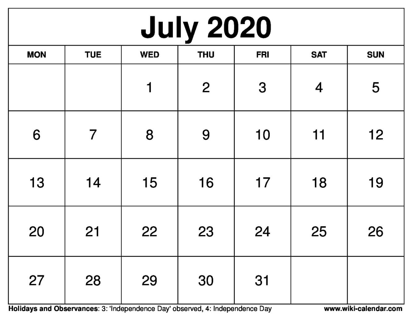 Free Printable July 2020 Calendar