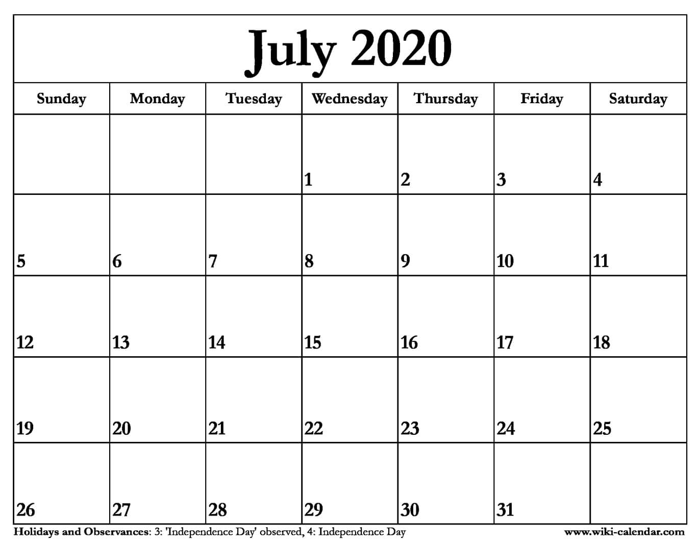 Free Printable July 2020 Calendar