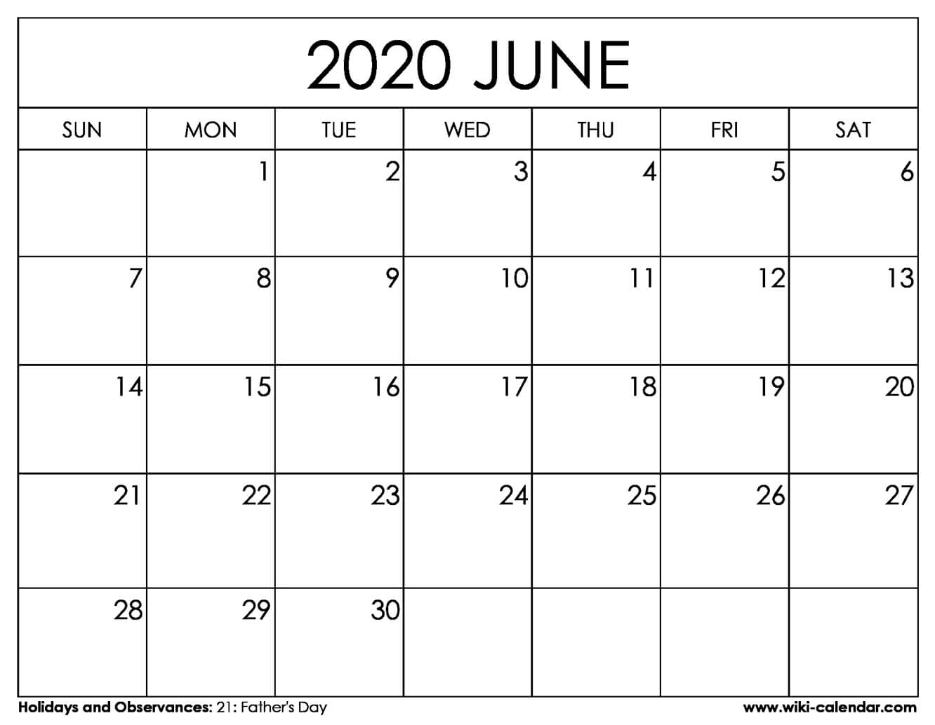 Free Printable June 2020 Calendar