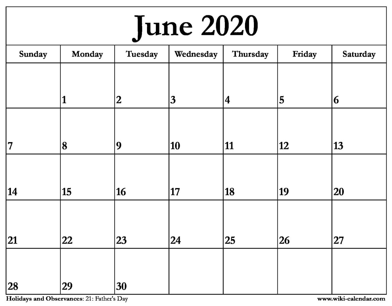 Free Printable June 2020 Calendar