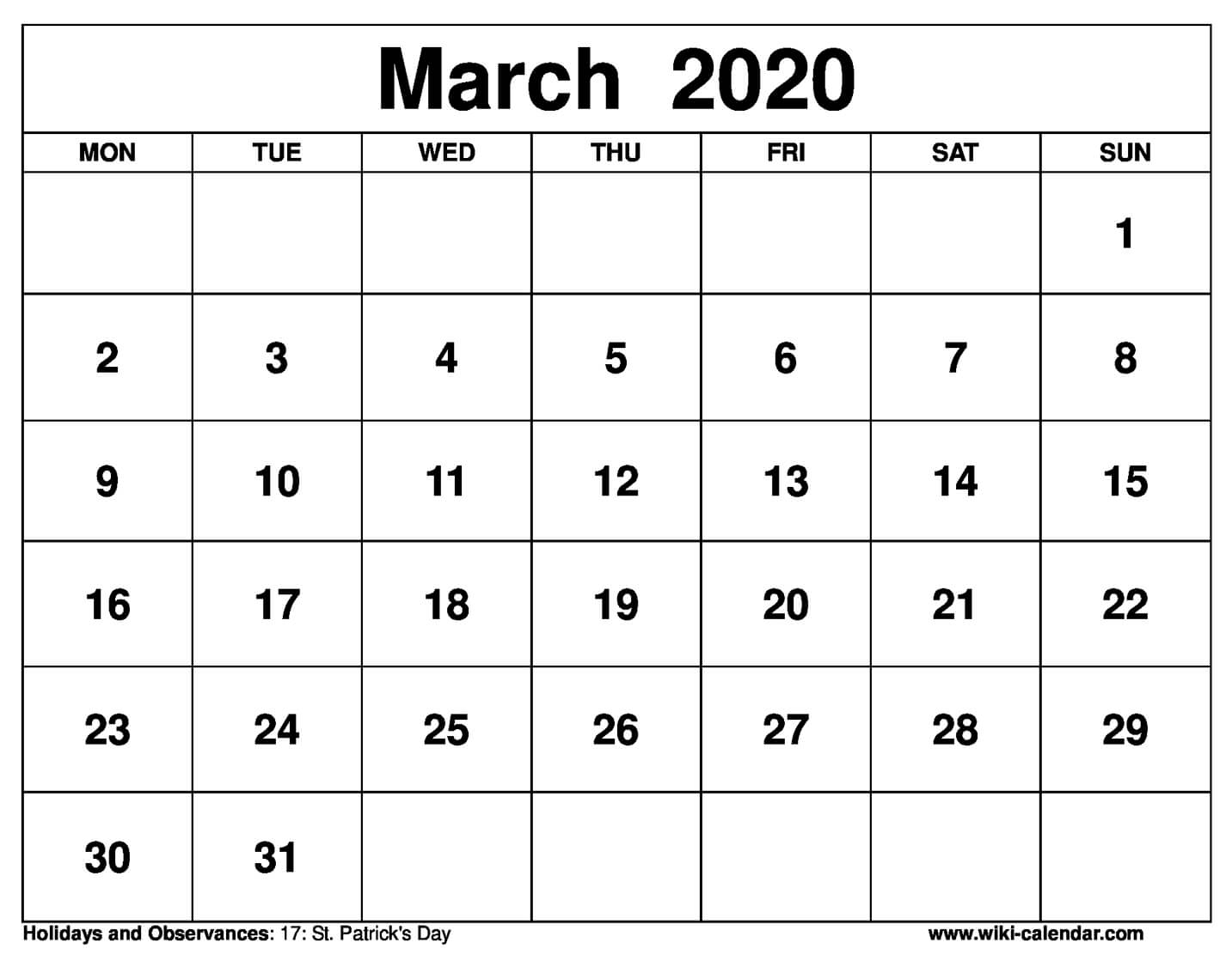 Free Printable March 2020 Calendar