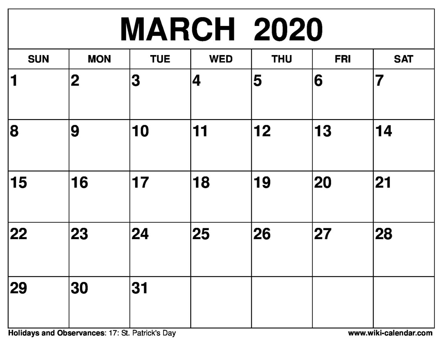 Free Printable March 2020 Calendar