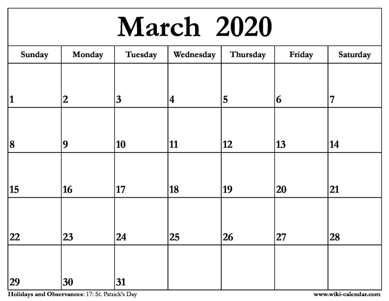 Free Printable March 2020 Calendar