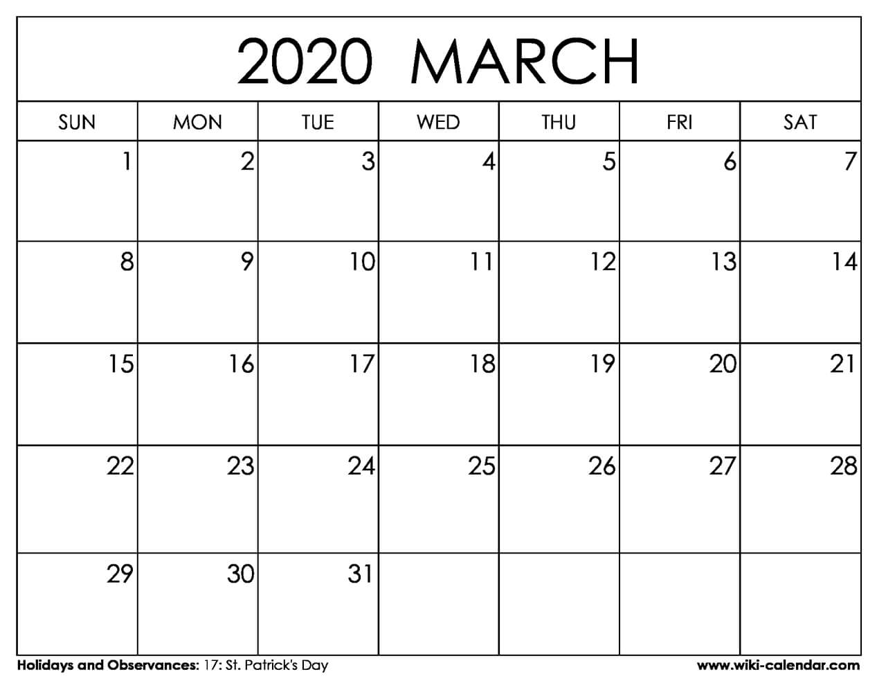 Free Printable March 2020 Calendar