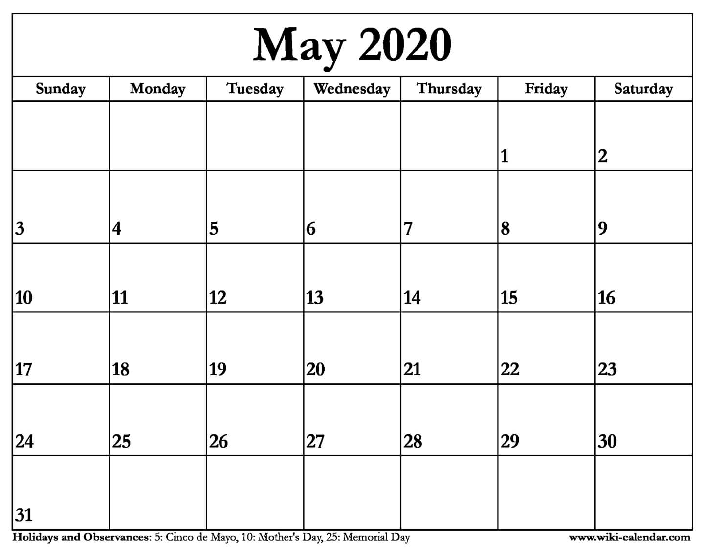 Free Printable May 2020 Calendar