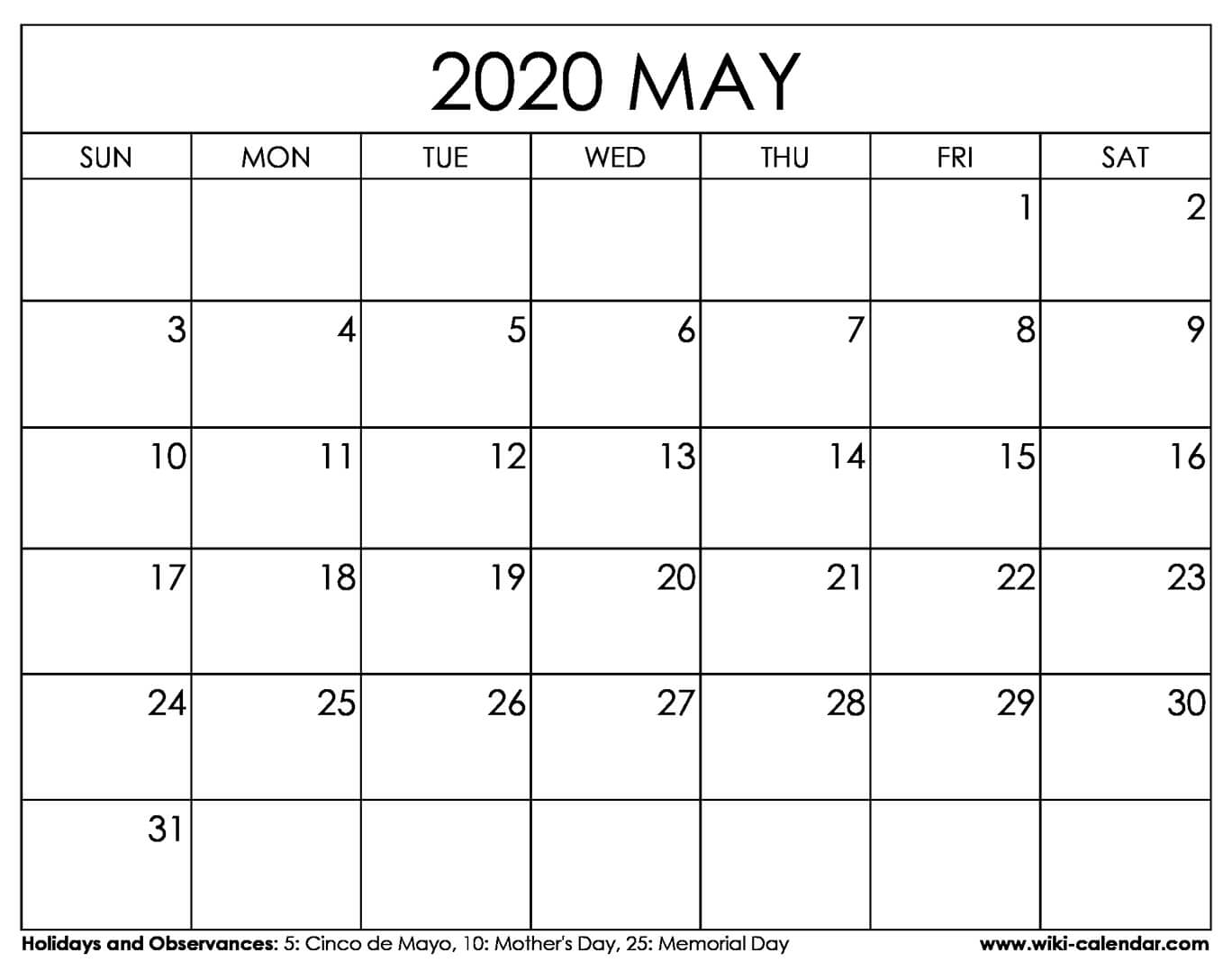 May 5 2020 Calendar | Month Calendar Printable