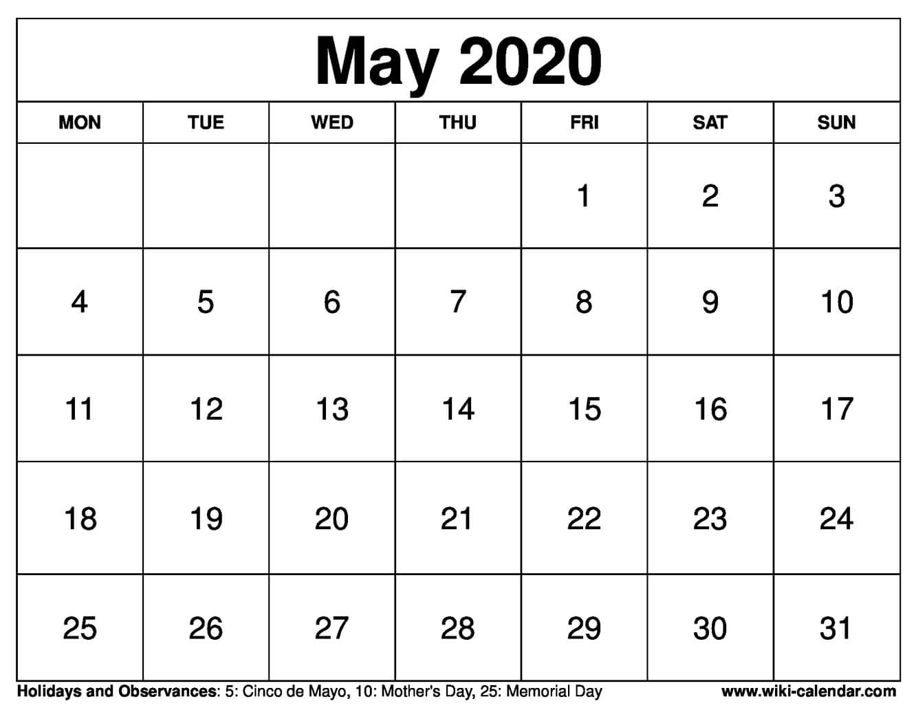 Free Printable May 2020 Calendar
