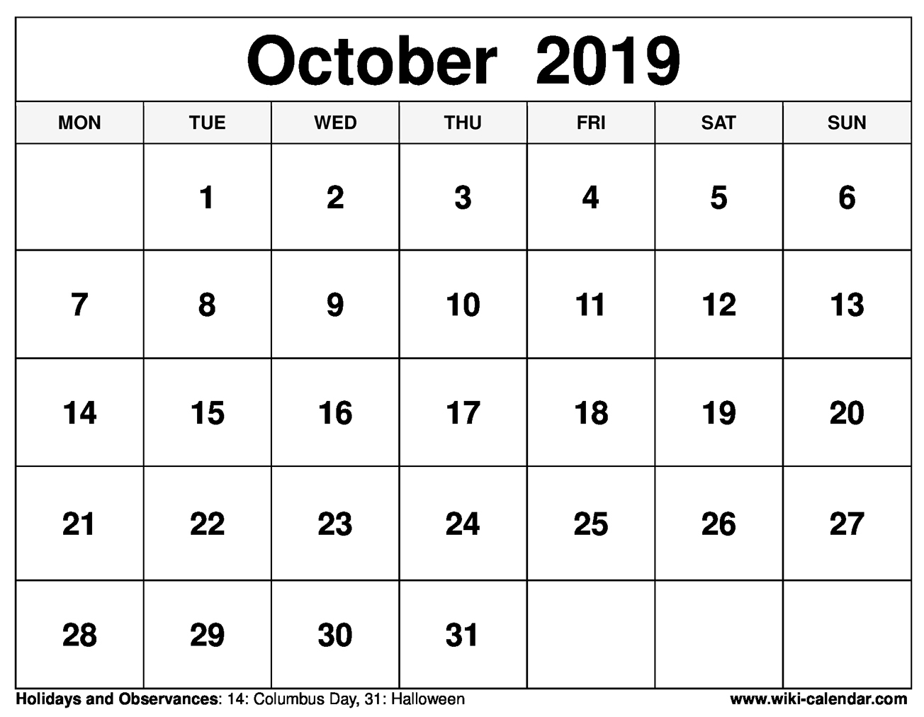 Free Printable October 2019 Calendar