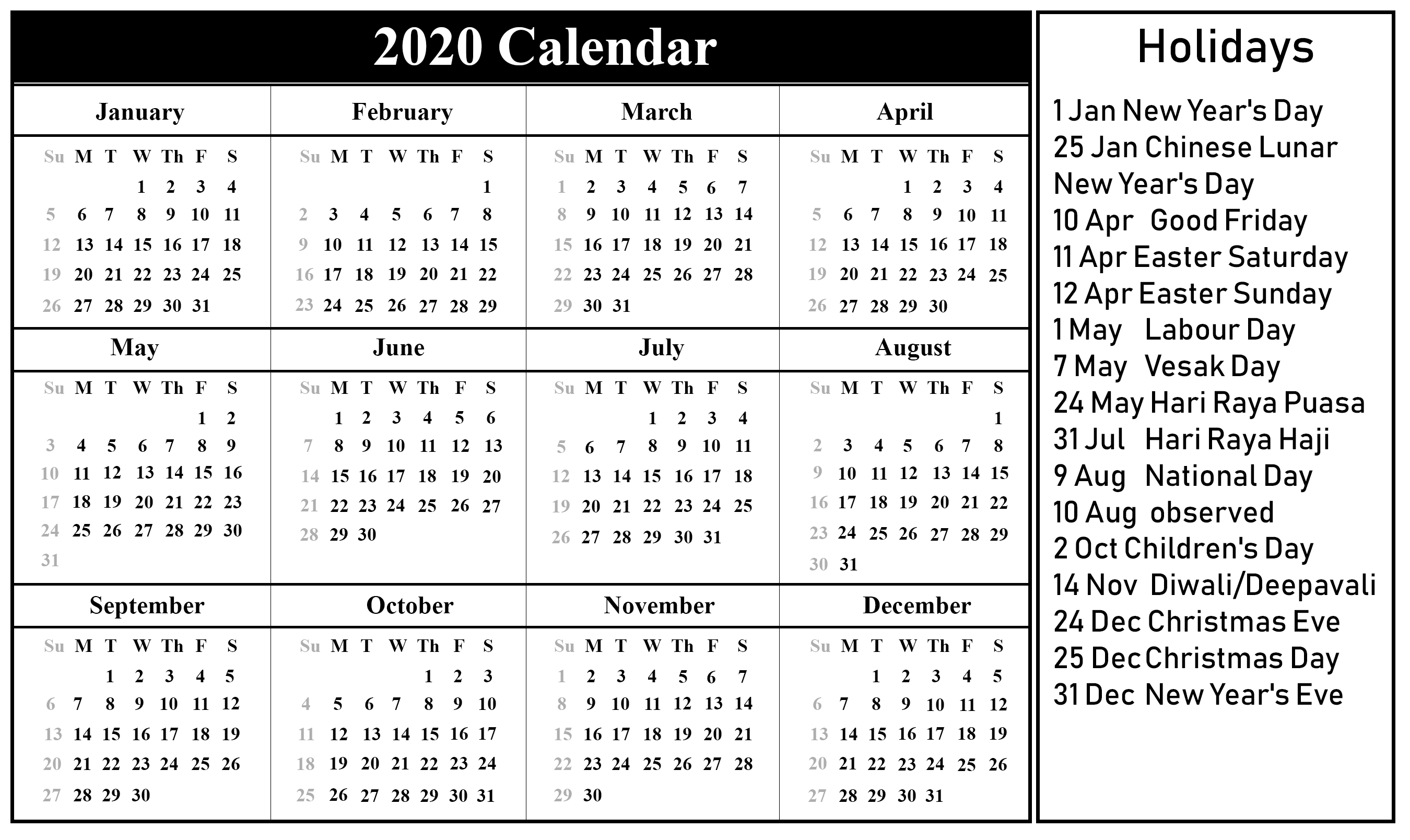 Free Printable Singapore Calendar 2020 {Pdf, Excel &amp; Word