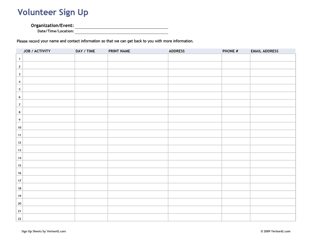 Free Printable Volunteer Sign Up Sheet (Pdf) From Vertex42
