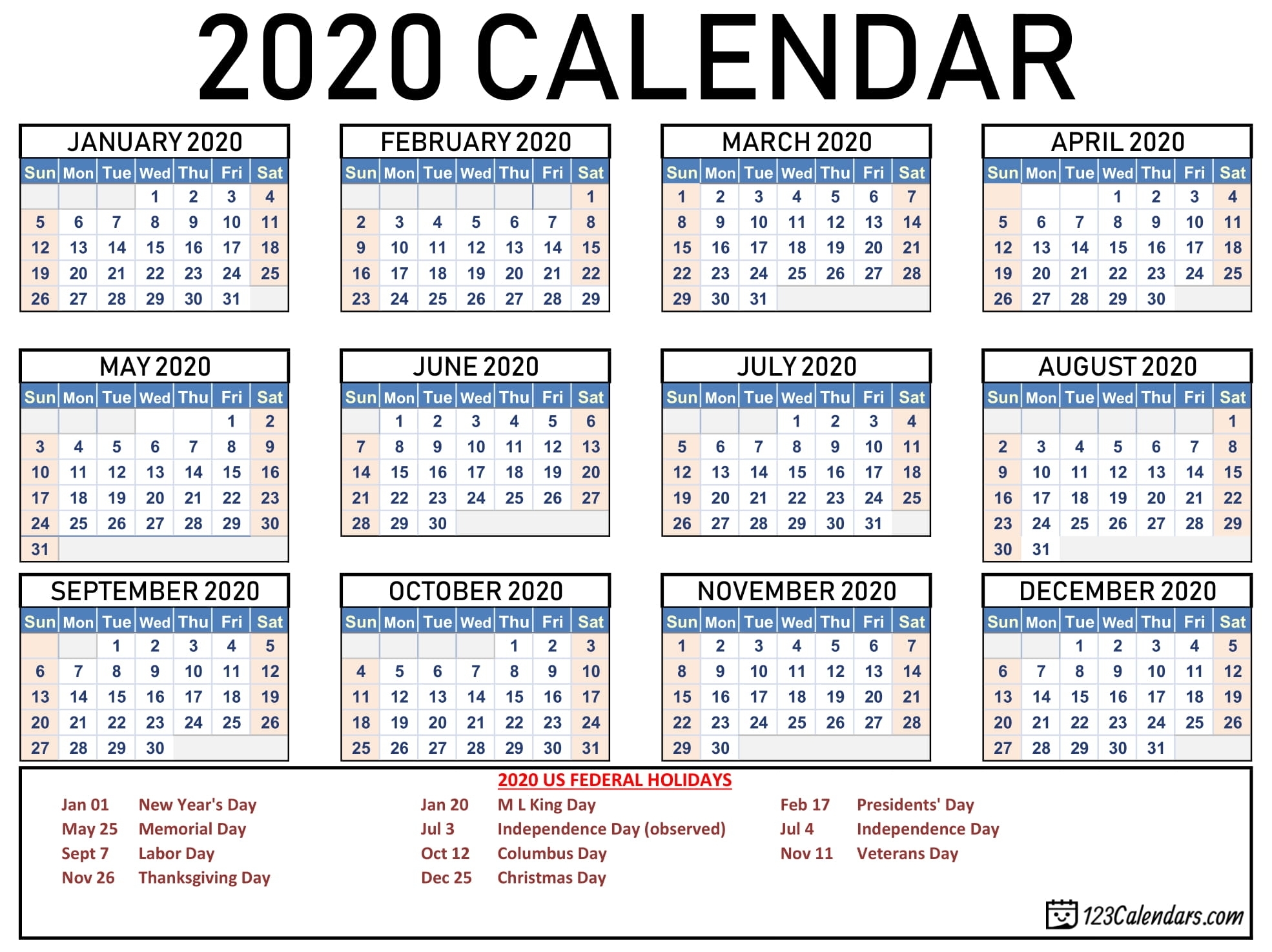 Free Printable Year 2020 Calendar | 123Calendars