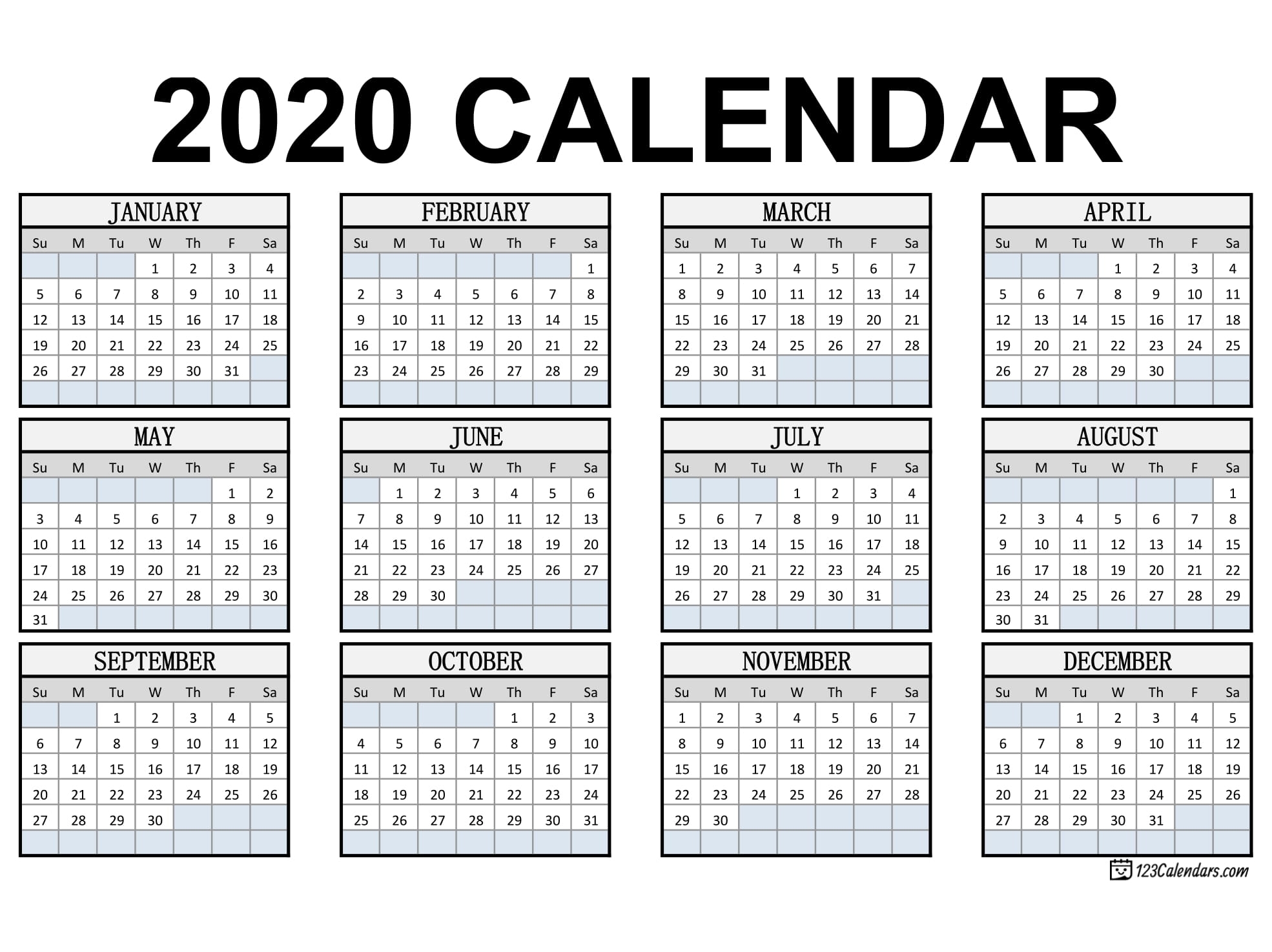 Free Printable Year 2020 Calendar | 123Calendars
