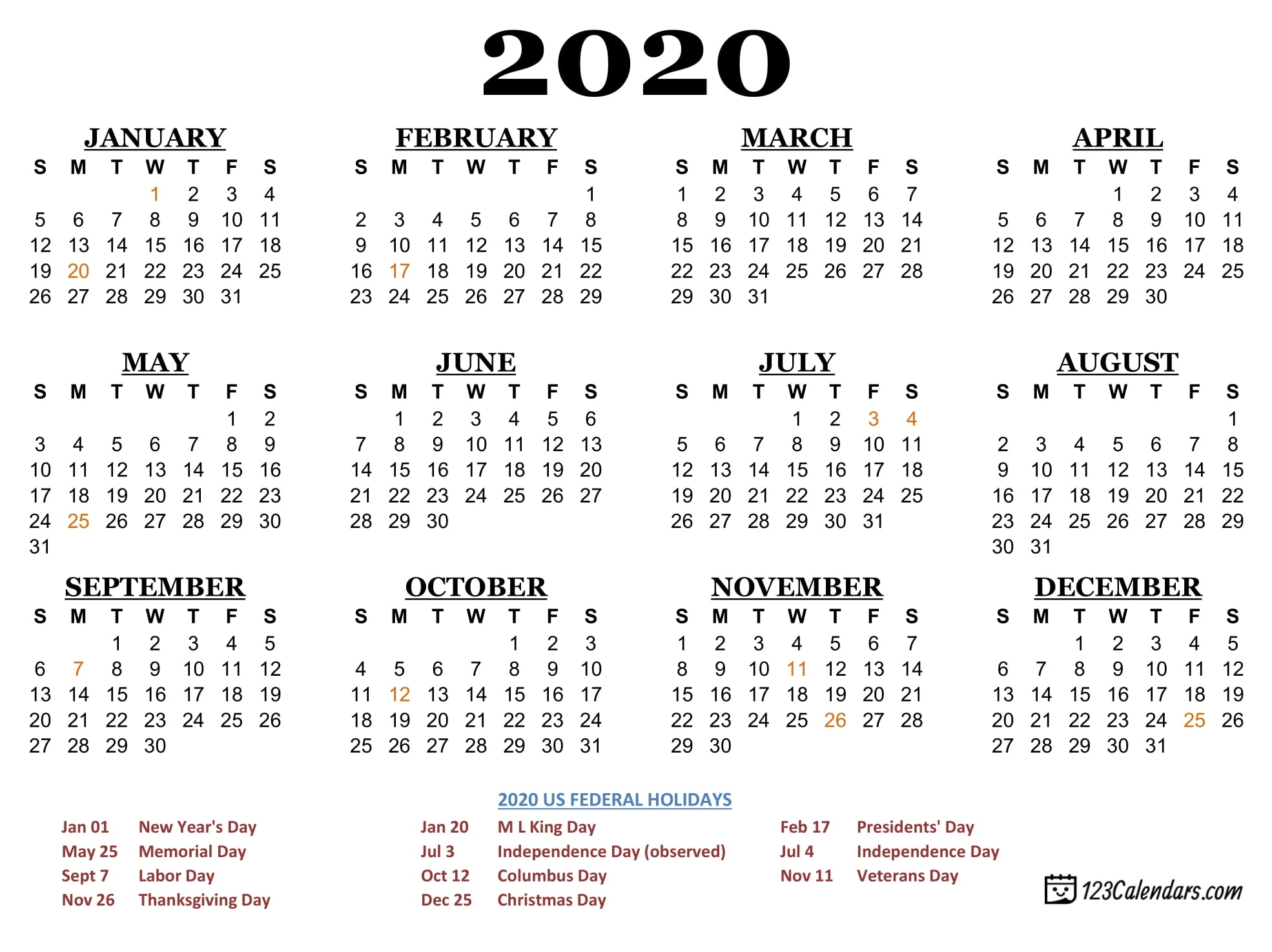 Free Printable Year 2020 Calendar | 123Calendars