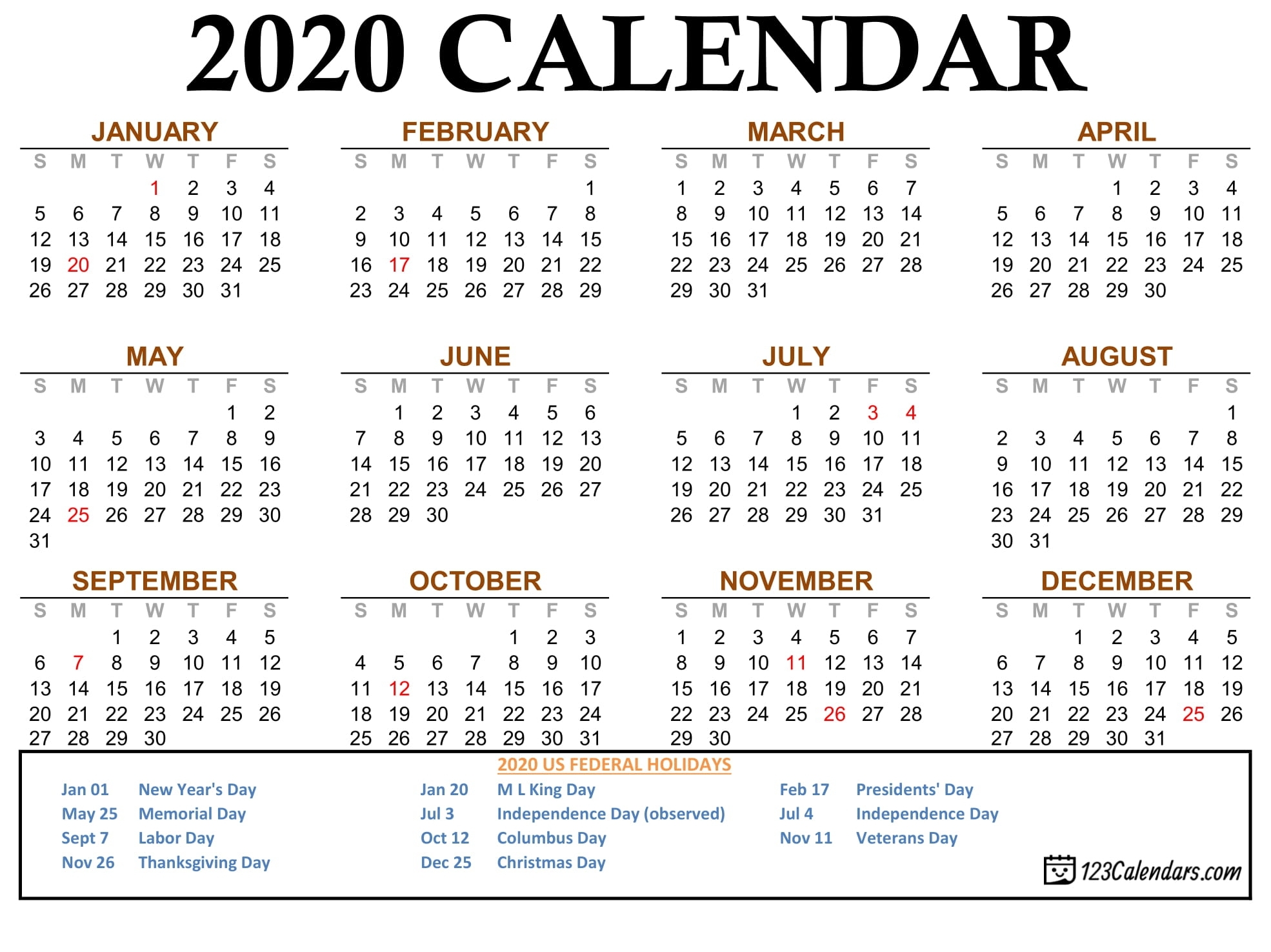 2020 Year Calendar Printable