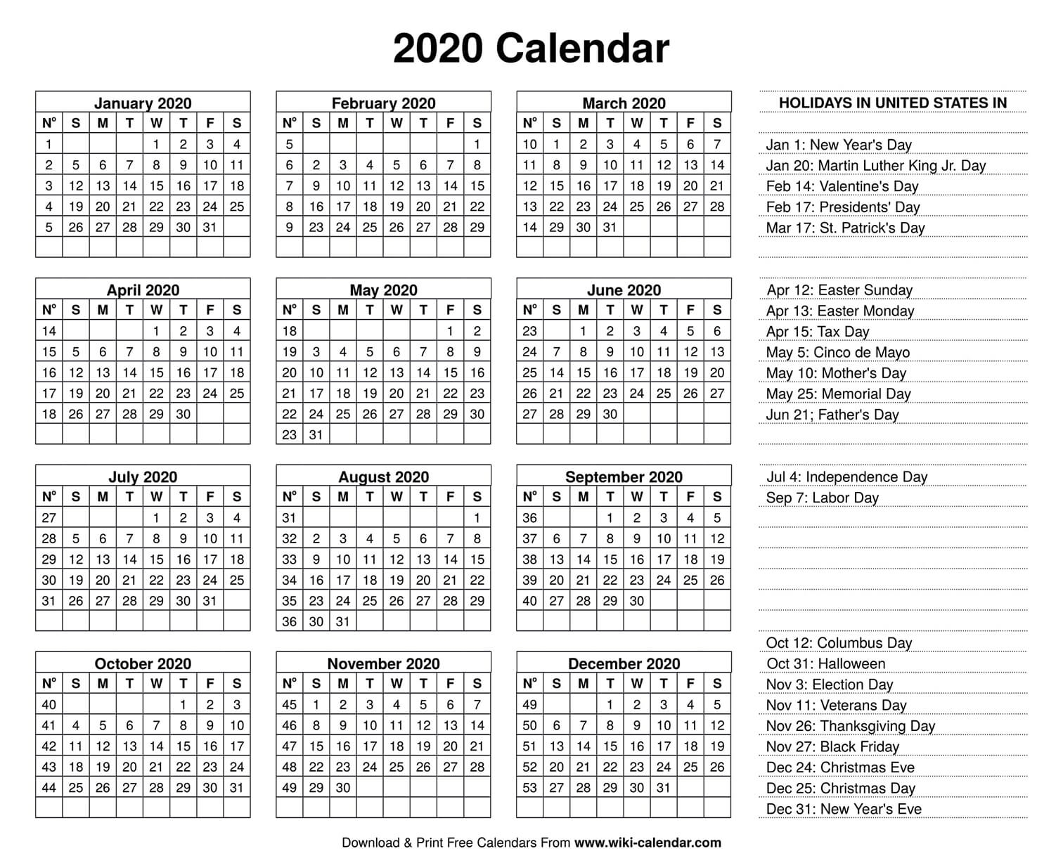 Free Printable Year 2020 Calendar