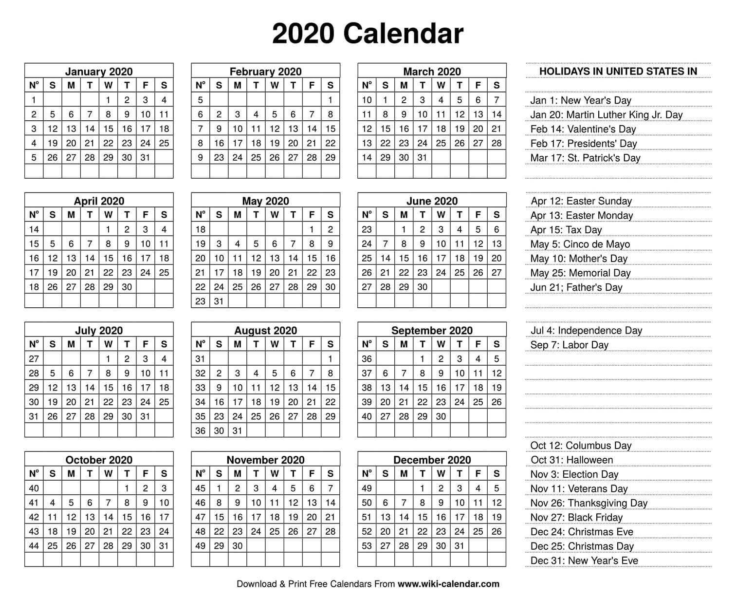 2020 Calendar Print Version | Month Calendar Printable