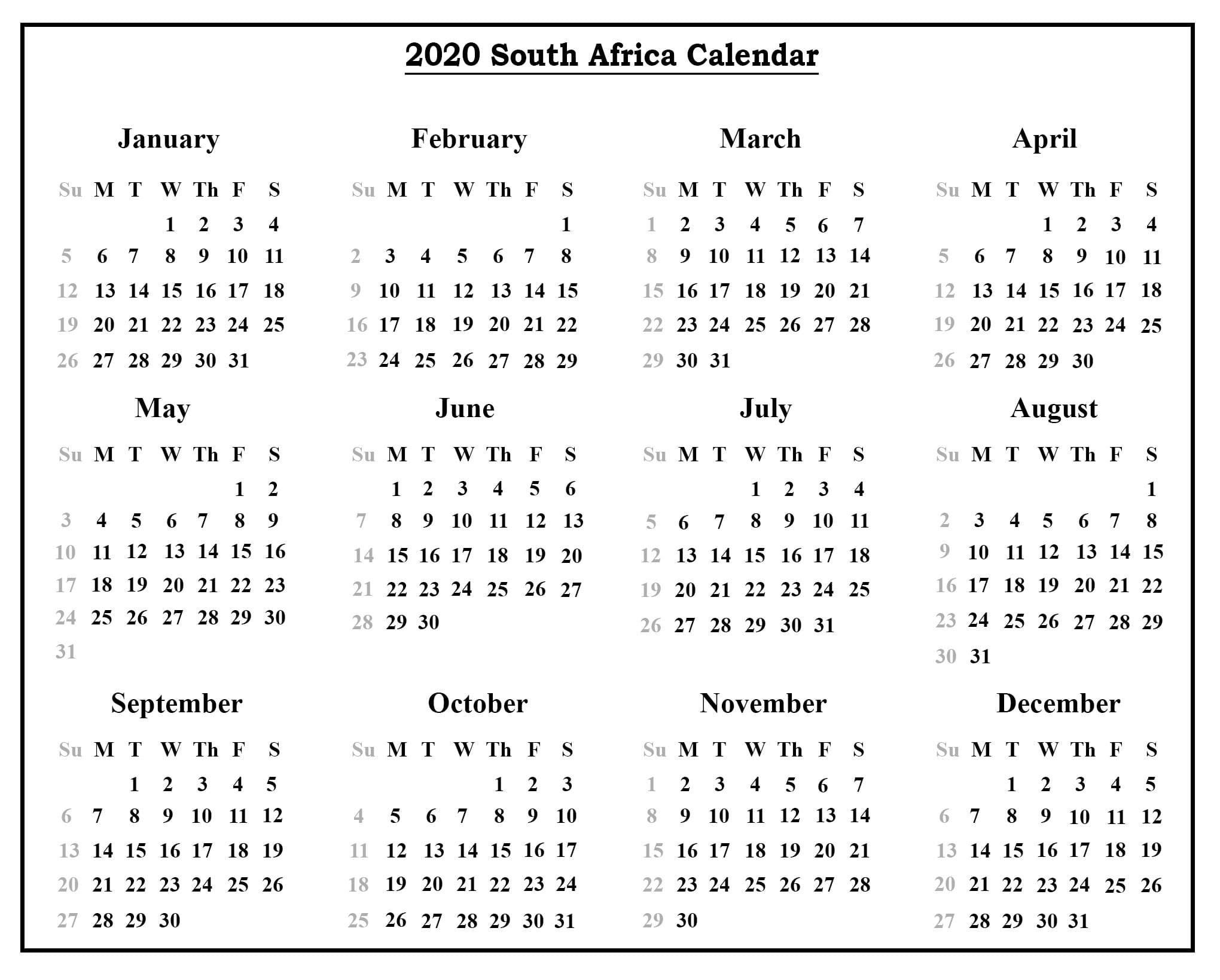 Free Public Holidays Calendar 2020 South Africa Templates