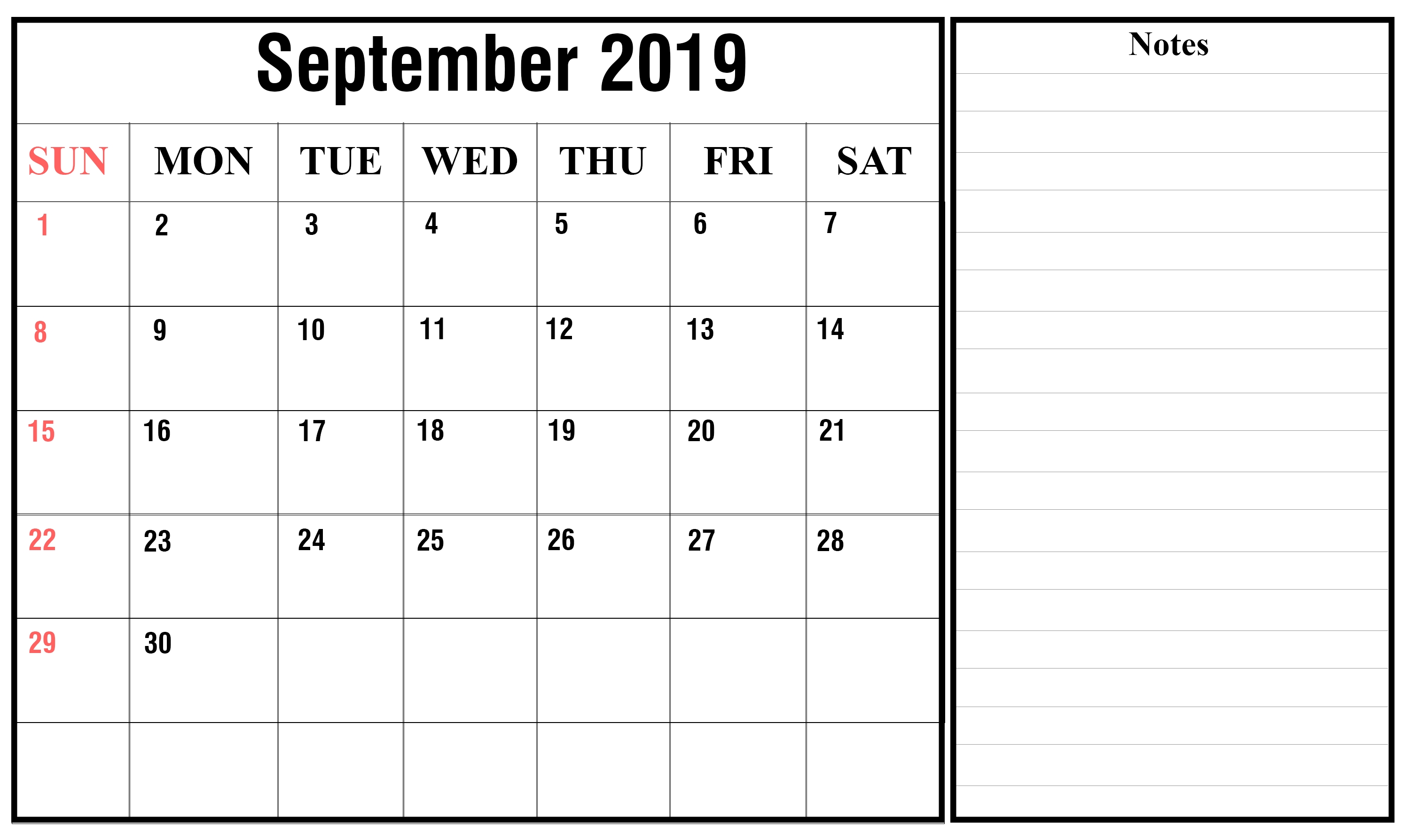 Free September 2019 Printable Calendar In Pdf, Excel &amp; Word