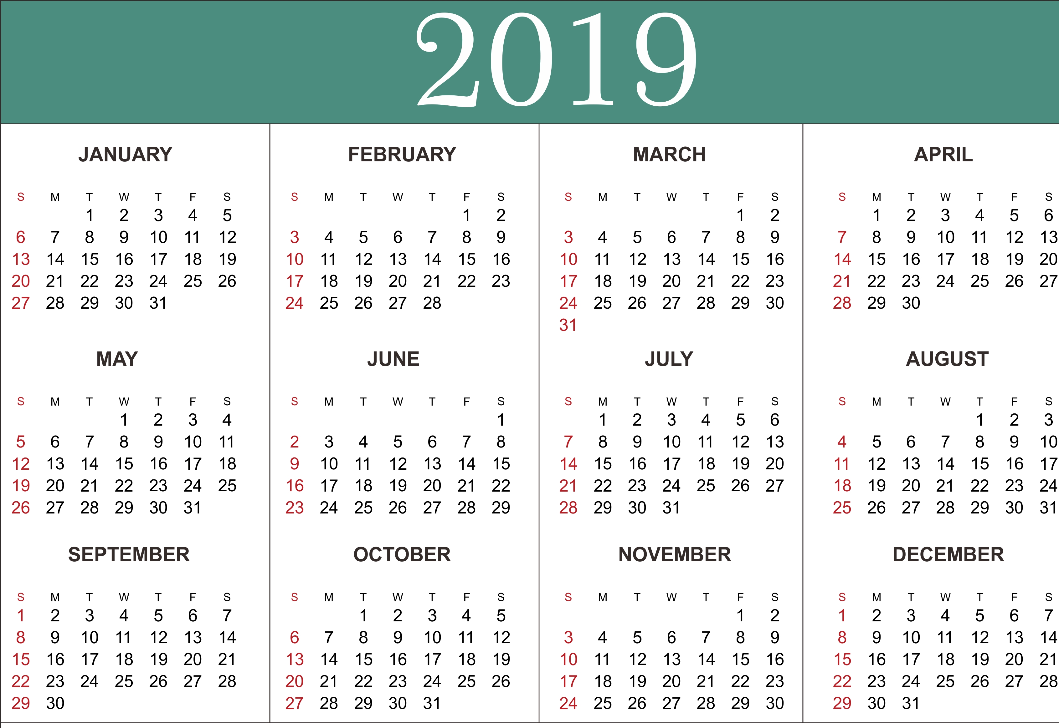 Free Yearly Calendar 2019 - Printable Blank Templates