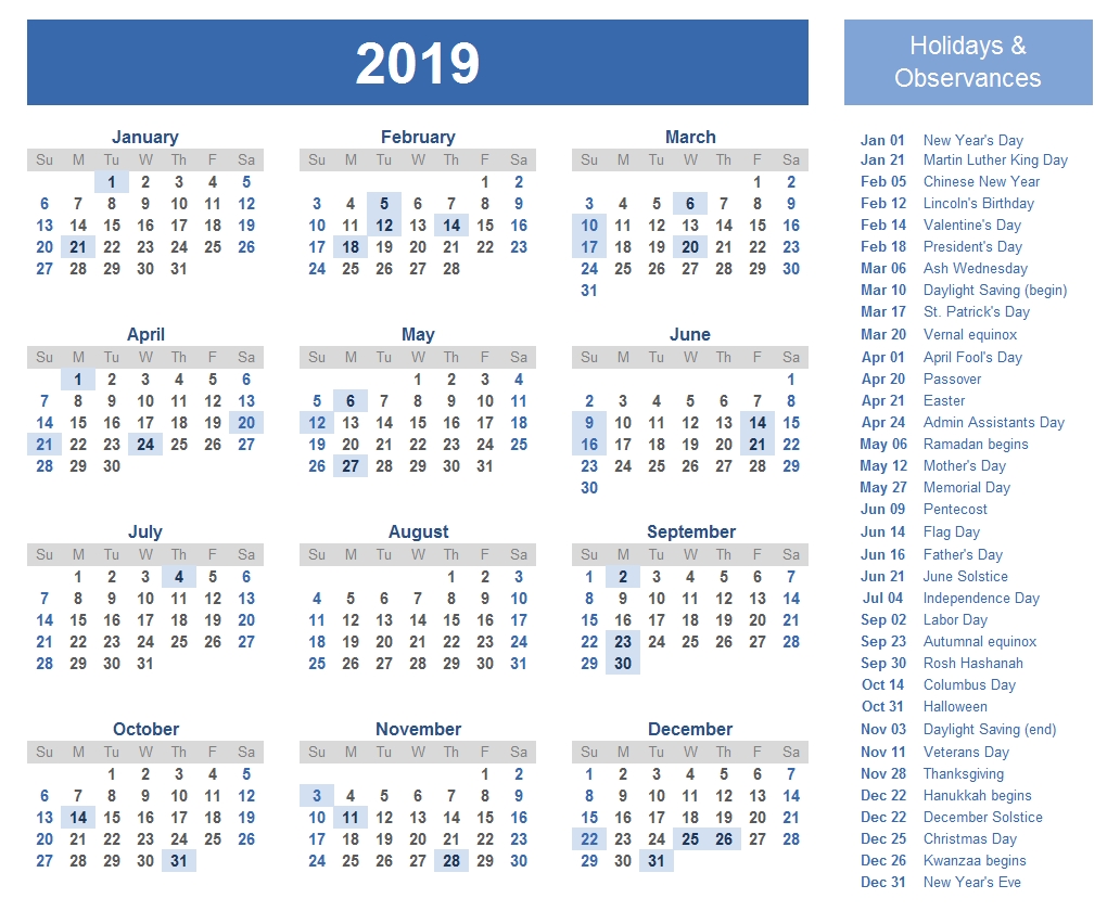 Free Yearly Printable Calendar 2019 With Uae (Dubai
