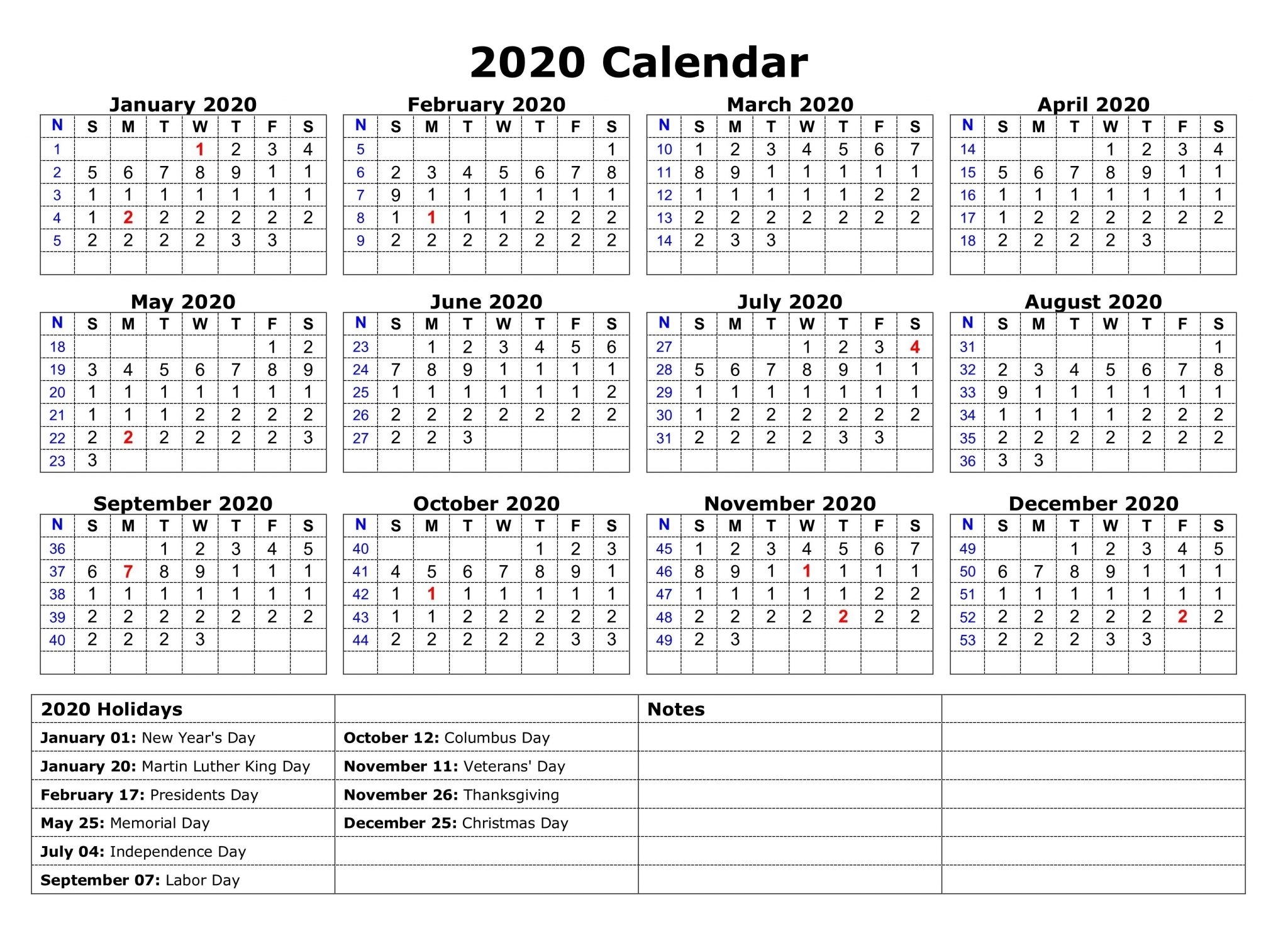 Free Yearly Printable Calendar 2020 With Holidays