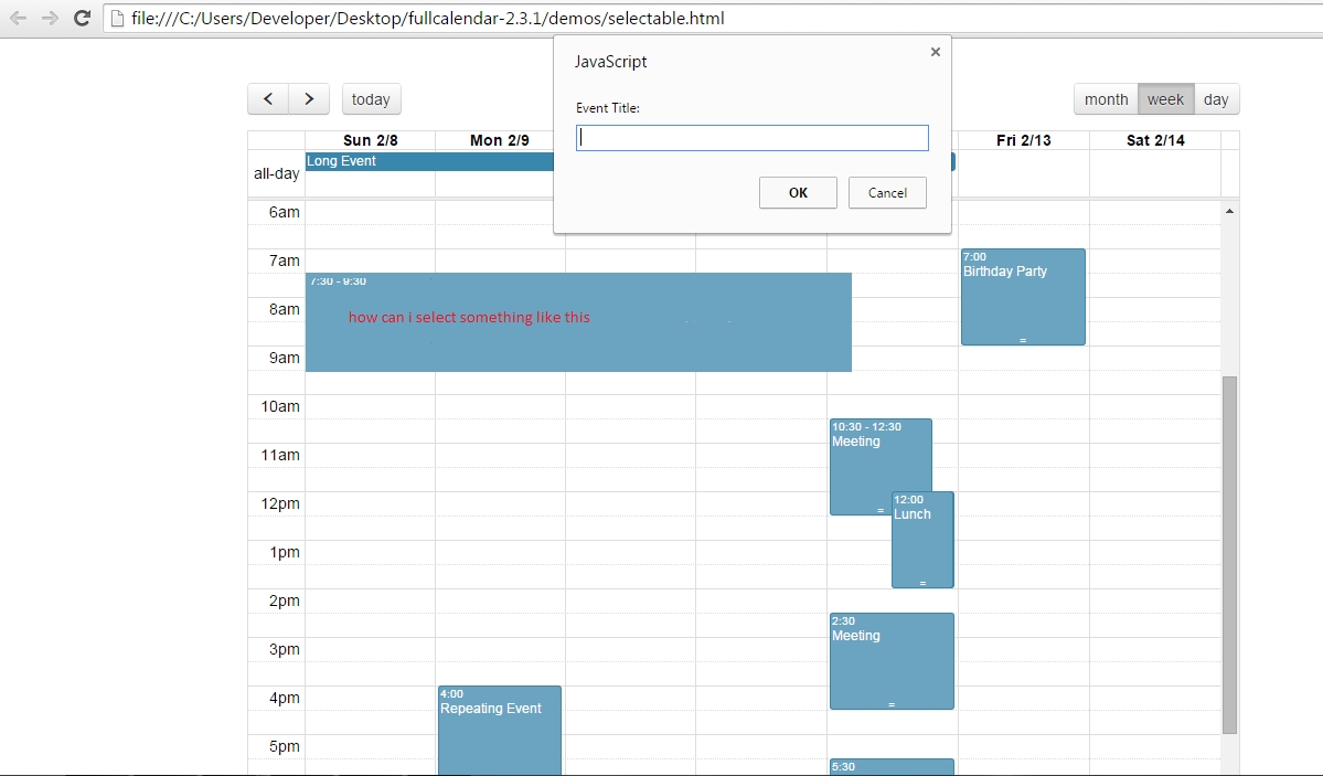 Fullcalendar Horizontal Time Range Selection - Stack Overflow