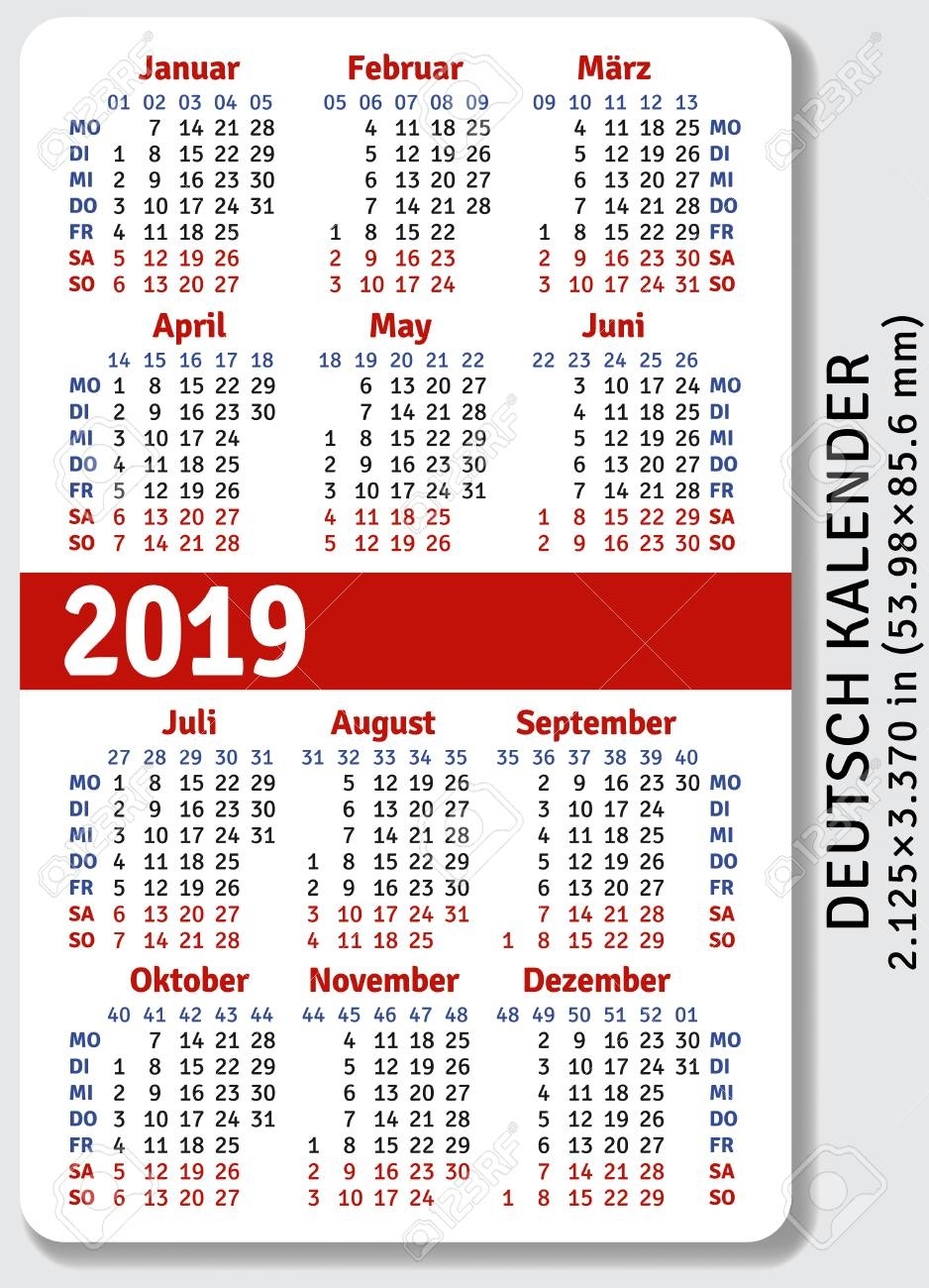 German Pocket Calendar For 2019, Standard Size Iso 7810 Id-1,..