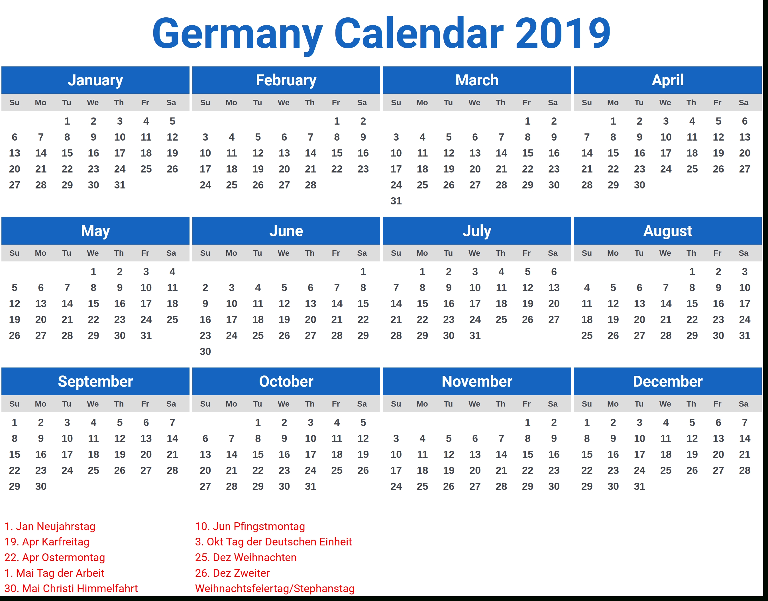 Germany 2019 Calendar With Holidays | 2019 Calendar